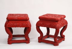 Unusual Pair of Chinese Red Cinnabar Lacquer Five Claw-Dragon Pedestals/Stools