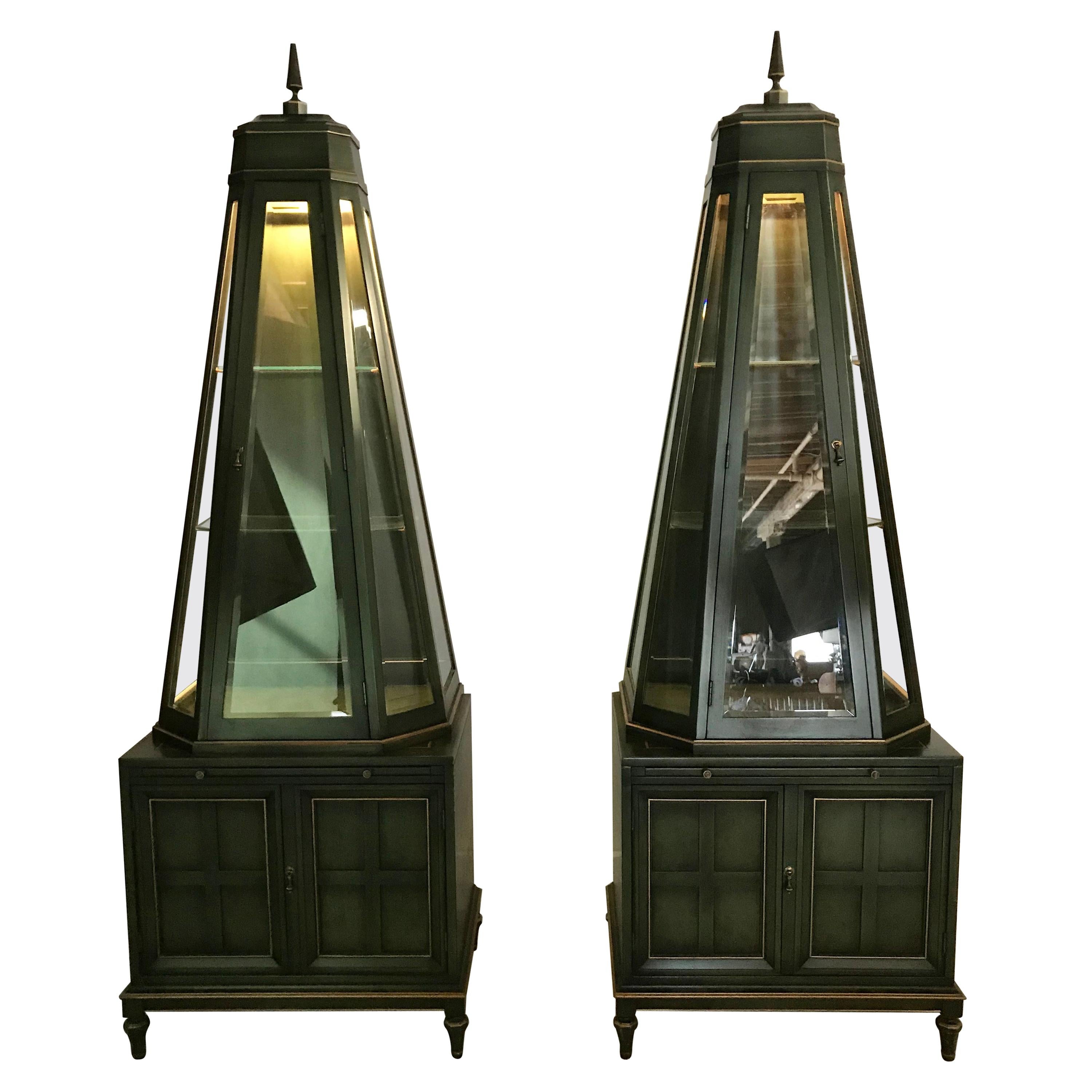 Unusual Pair of Decorative Pyramidal Curio Cabinets, Vitrines by Union National