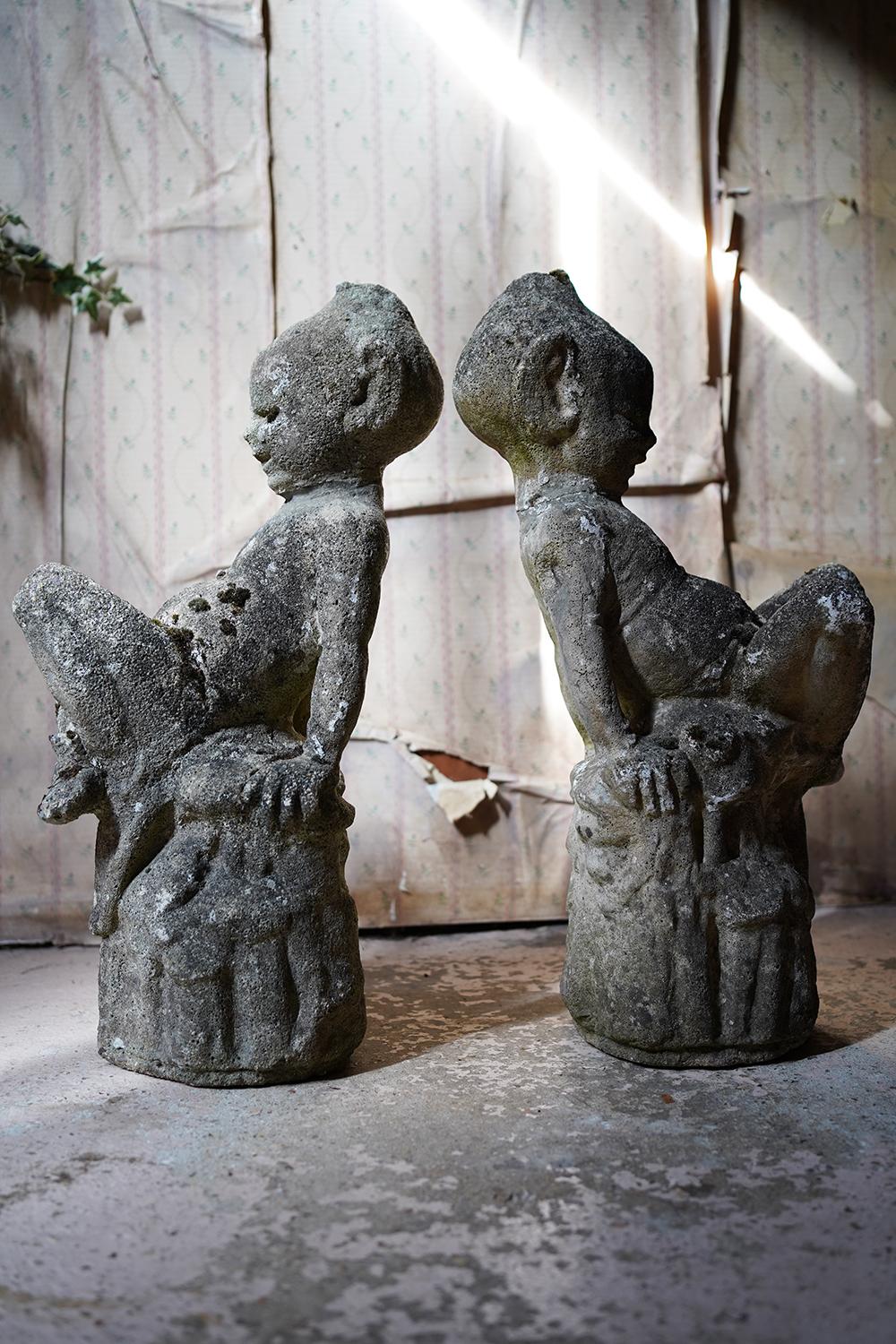 Cast Unusual Pair of Early 20thC Stone Garden Pixies, c.1930