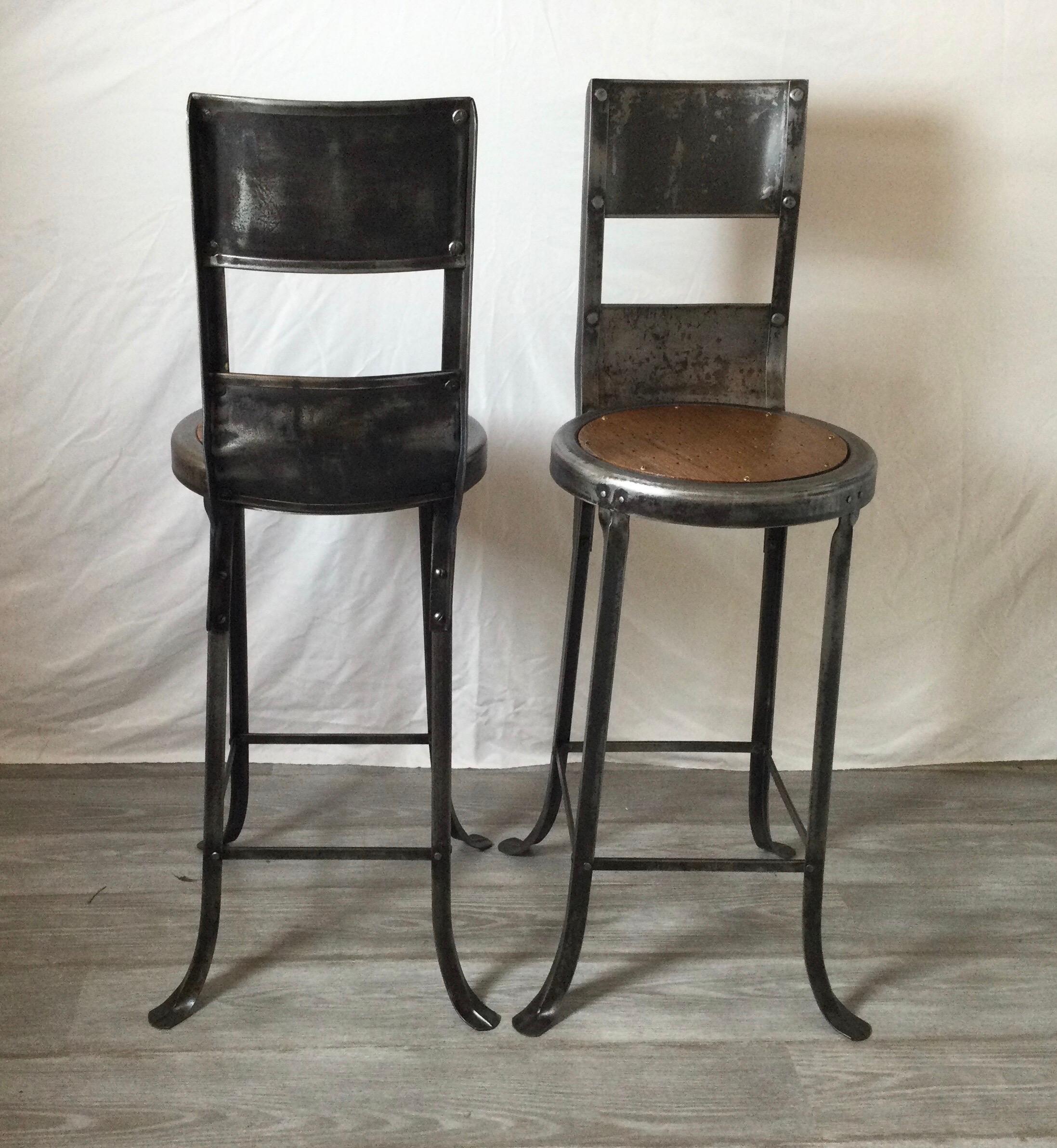 Steel Unusual Pair of Early High Back Stools or Chairs