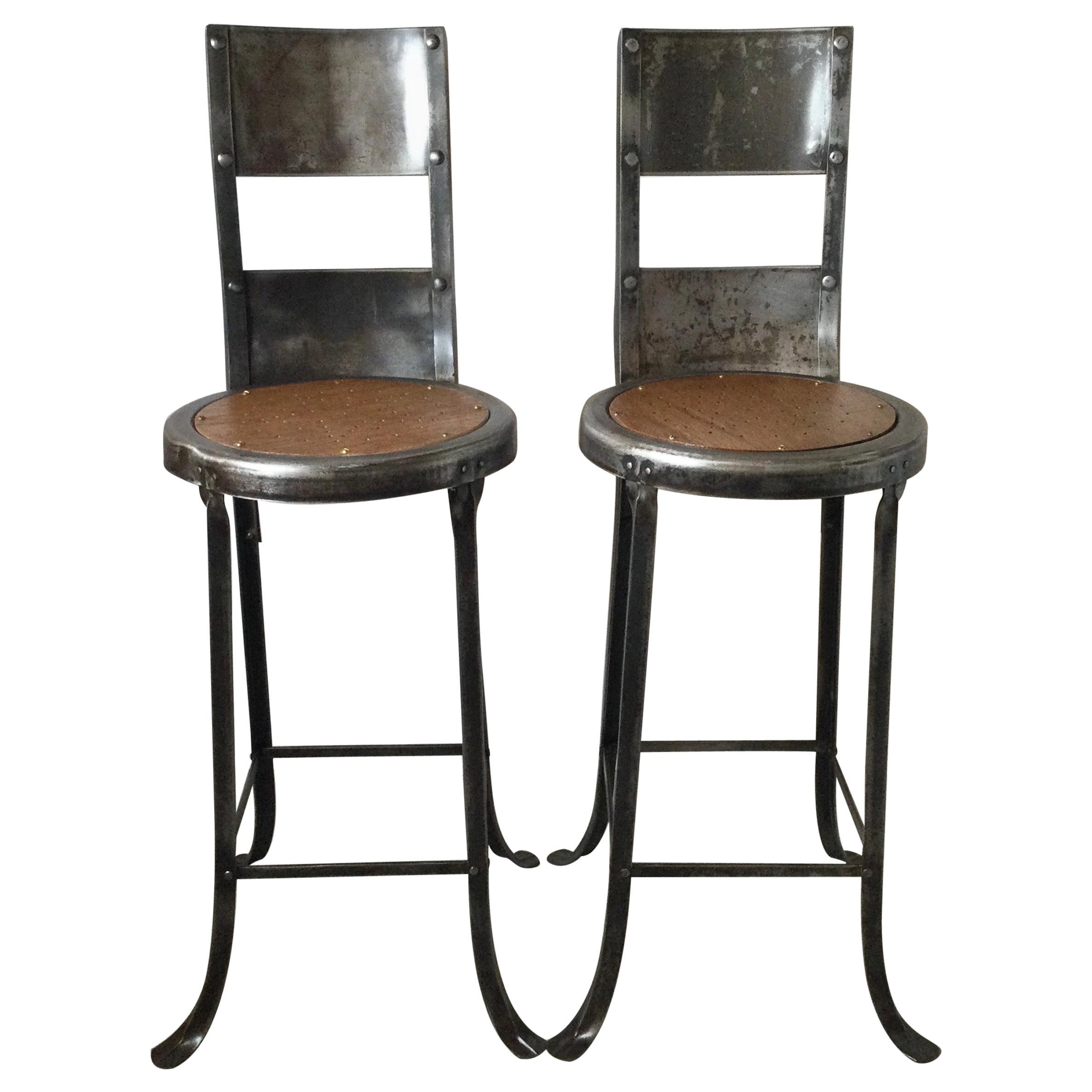 Unusual Pair of Early High Back Stools or Chairs
