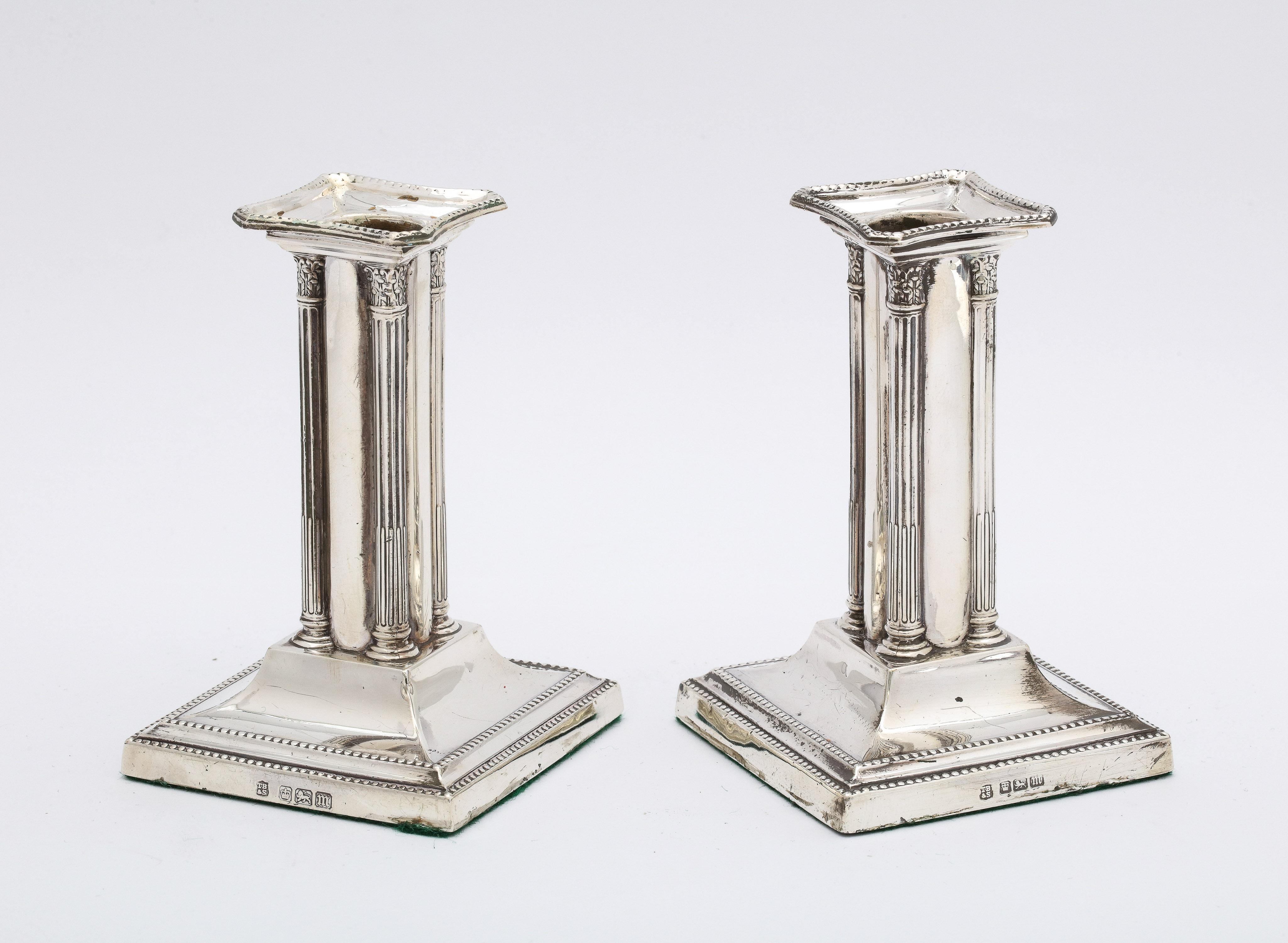Unusual Pair of Edwardian Period Neoclassical Style Sterling Silver Candlesticks For Sale 5