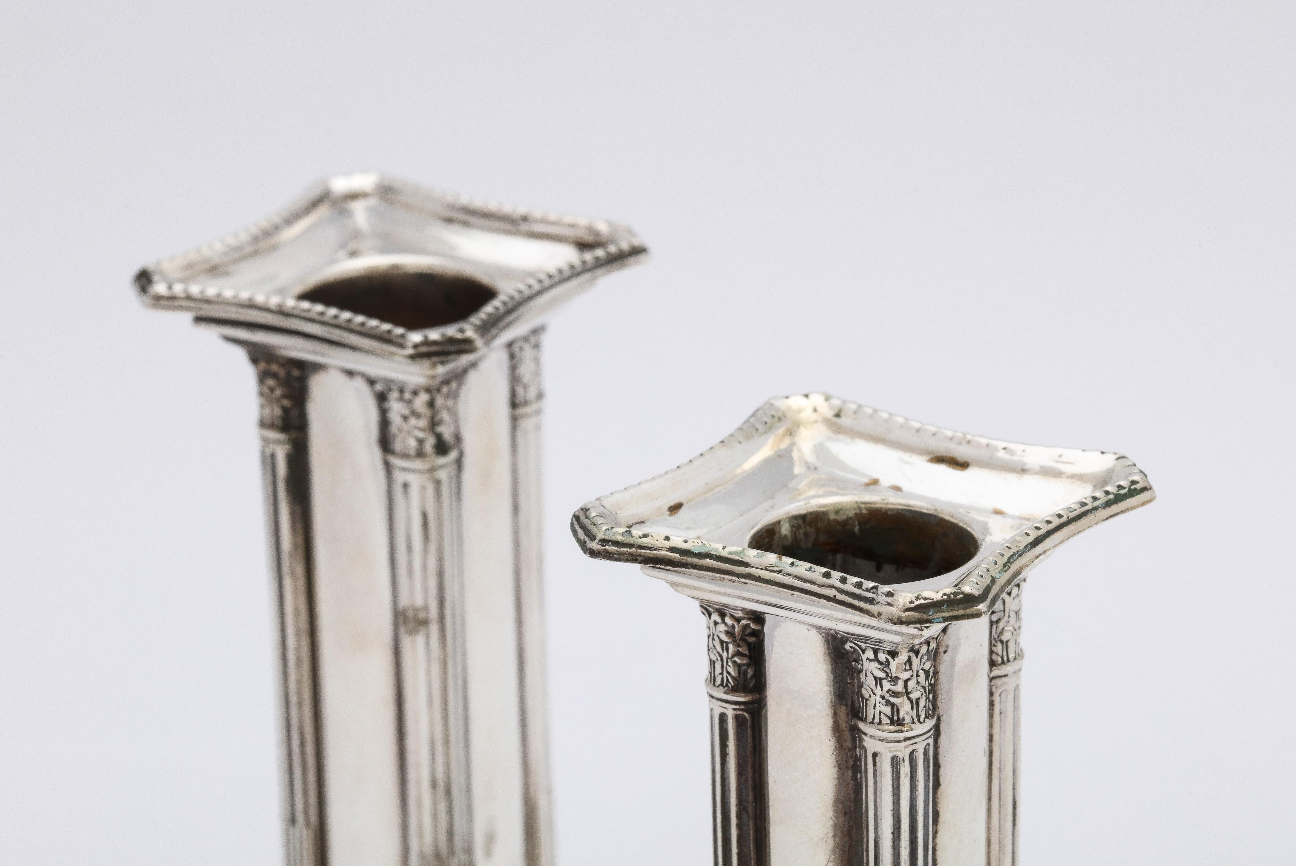 Unusual Pair of Edwardian Period Neoclassical Style Sterling Silver Candlesticks For Sale 6