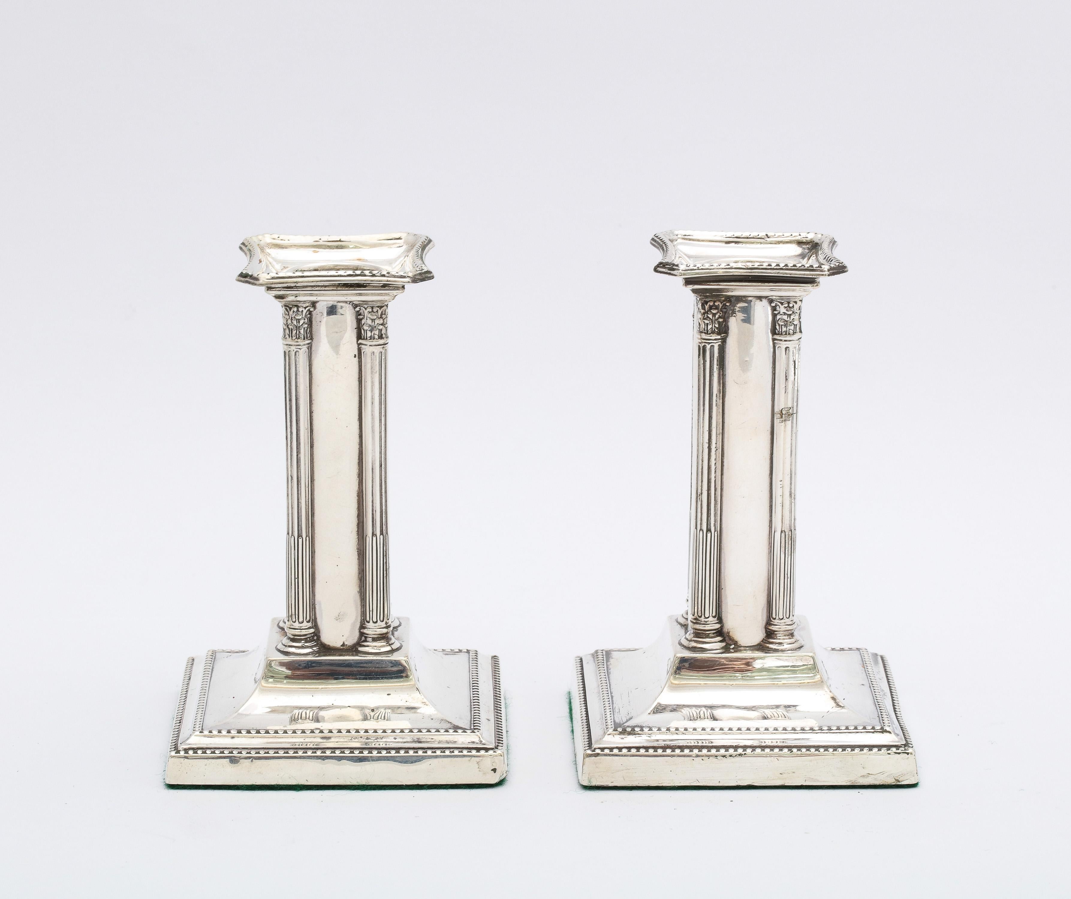 English Unusual Pair of Edwardian Period Neoclassical Style Sterling Silver Candlesticks For Sale
