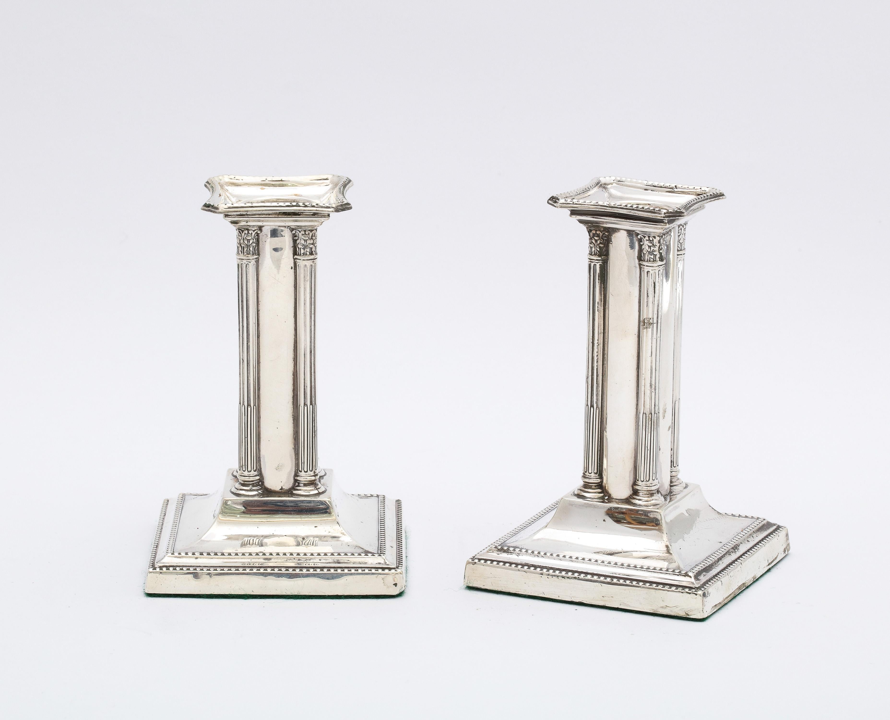 Unusual Pair of Edwardian Period Neoclassical Style Sterling Silver Candlesticks In Good Condition For Sale In New York, NY