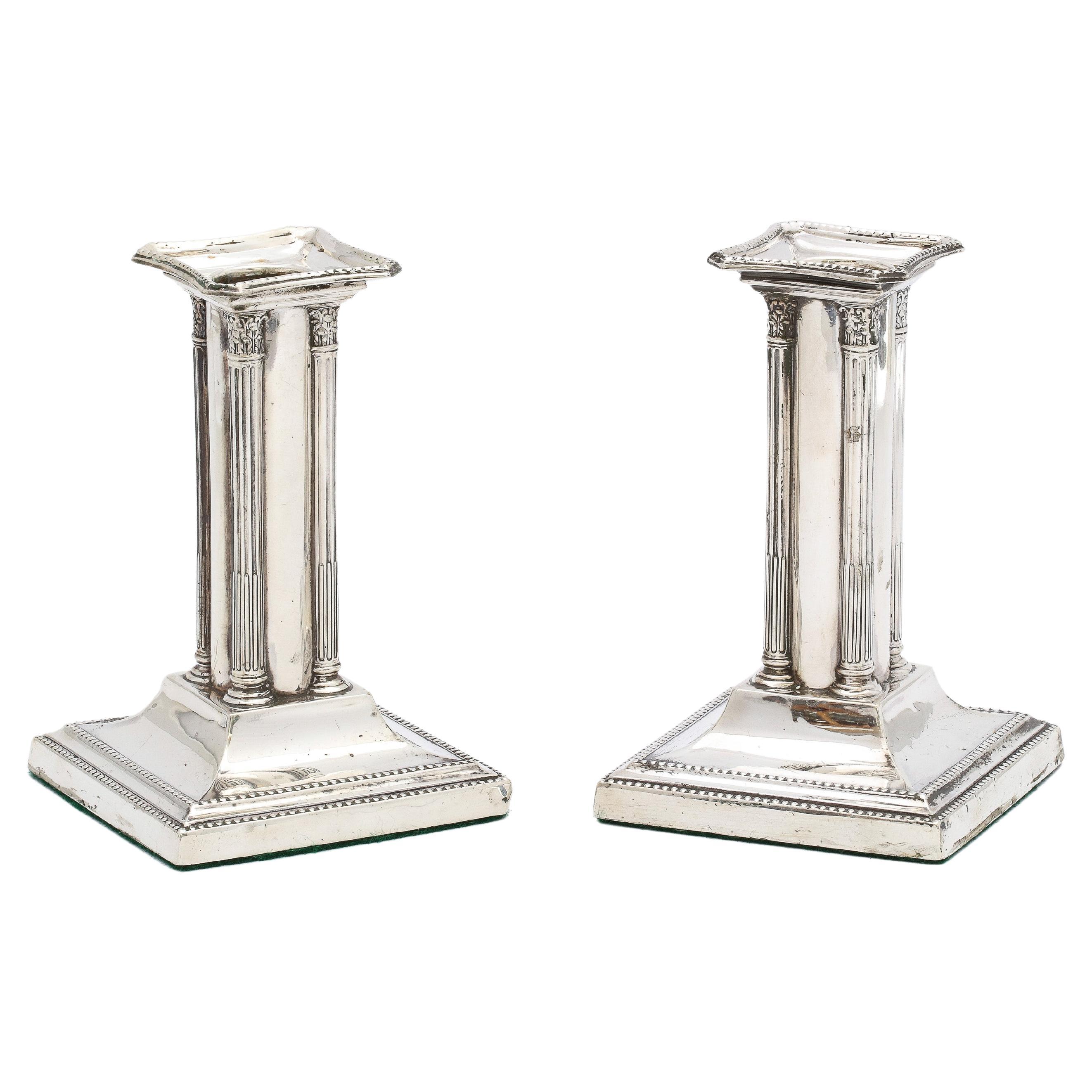 Unusual Pair of Edwardian Period Neoclassical Style Sterling Silver Candlesticks For Sale