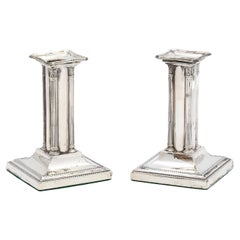 Unusual Pair of Edwardian Period Neoclassical Style Sterling Silver Candlesticks