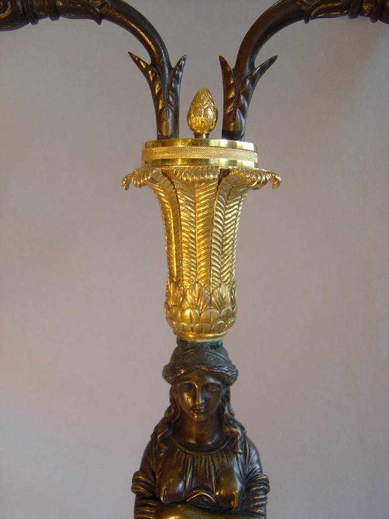 French Unusual Pair of Empire Two Branch Candelabra in Gout d'Egypt or Egyptian Style For Sale