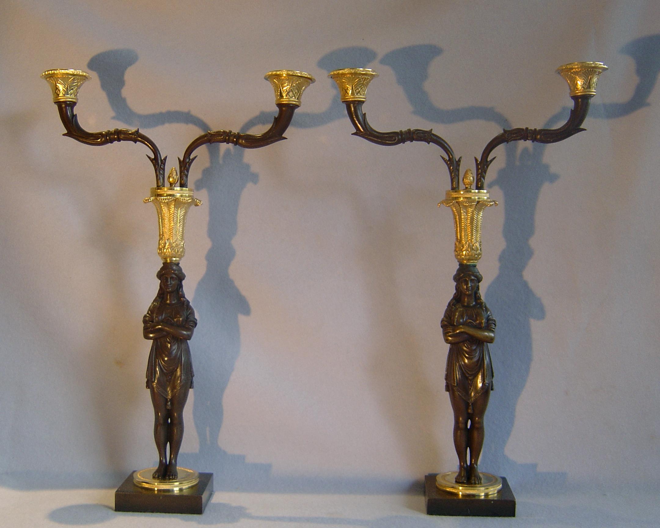 Patinated Unusual Pair of Empire Two Branch Candelabra in Gout d'Egypt or Egyptian Style For Sale