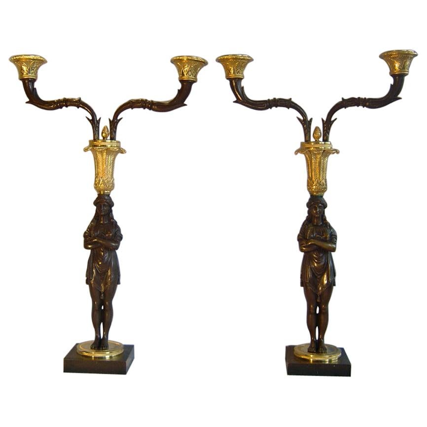 Unusual Pair of Empire Two Branch Candelabra in Gout d'Egypt or Egyptian Style