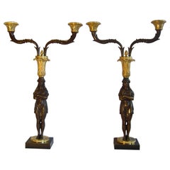 Antique Unusual Pair of Empire Two Branch Candelabra in Gout d'Egypt or Egyptian Style