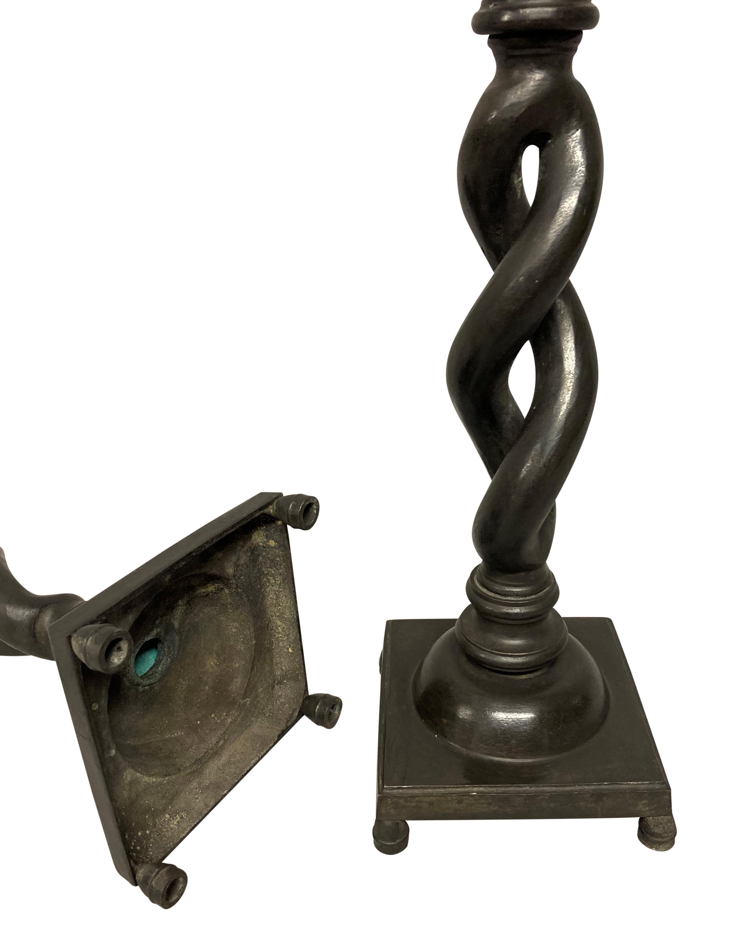 Mid-20th Century Unusual Pair of English Bronze Candlesticks For Sale