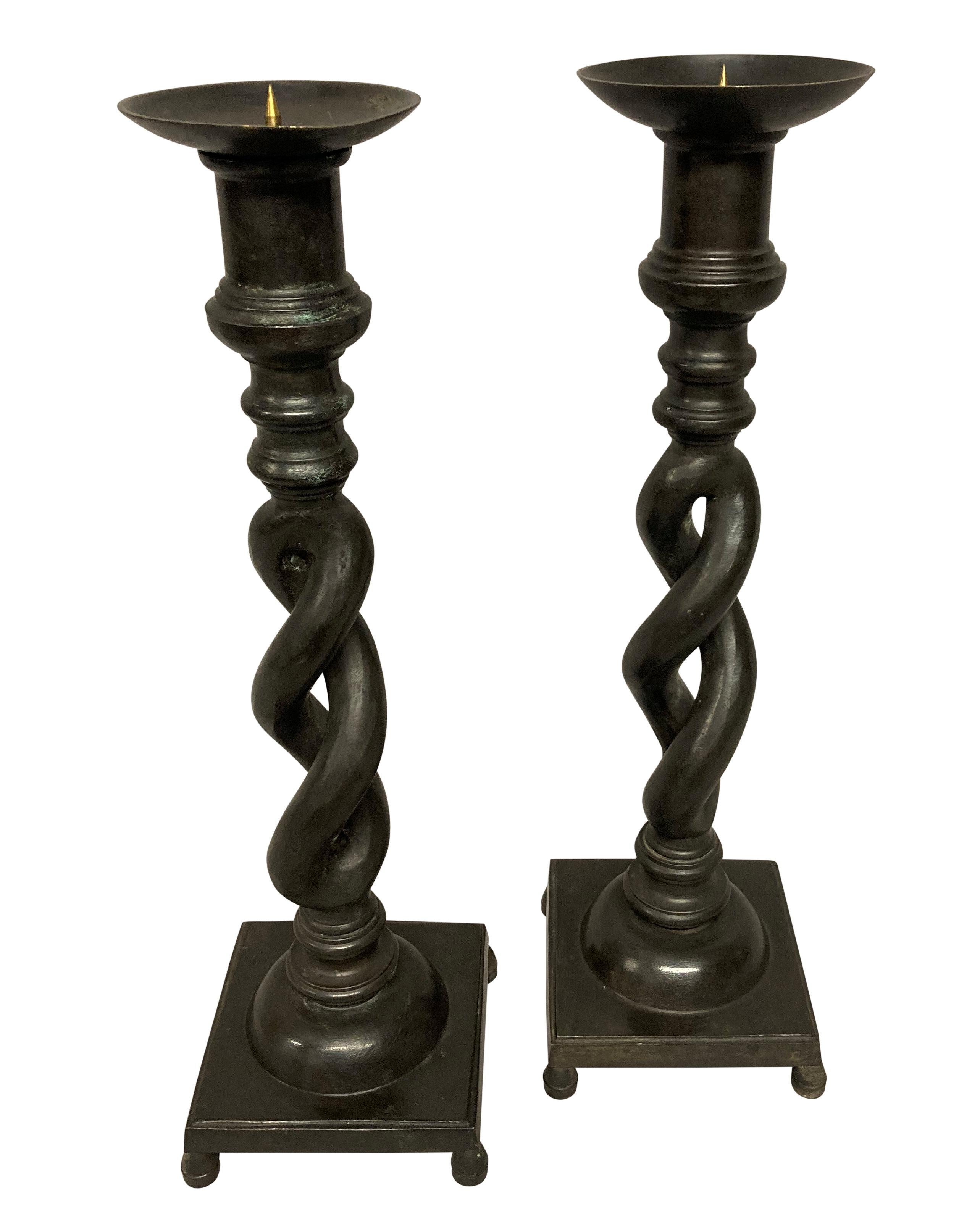 Unusual Pair of English Bronze Candlesticks For Sale 1