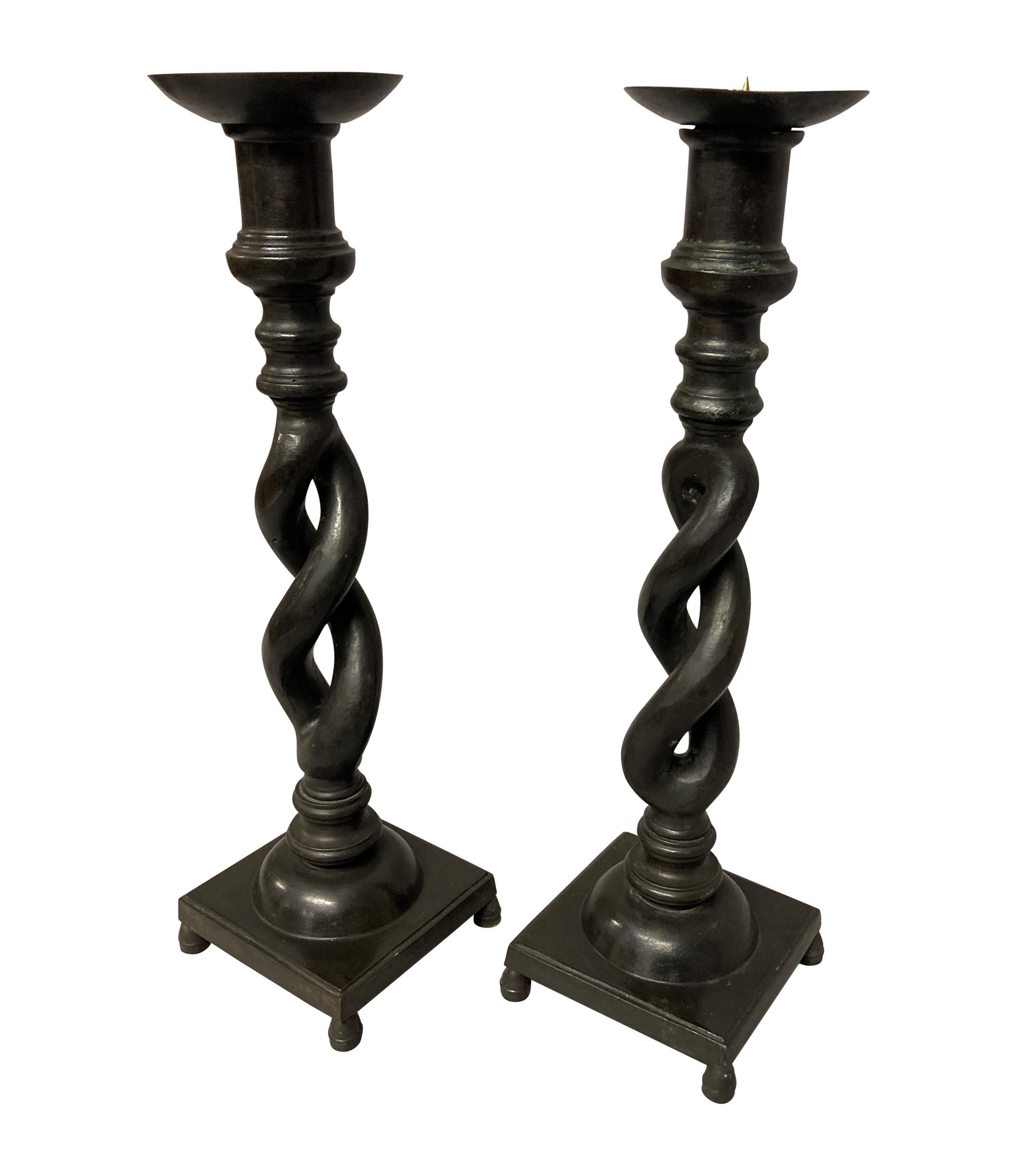 Unusual Pair of English Bronze Candlesticks For Sale 2