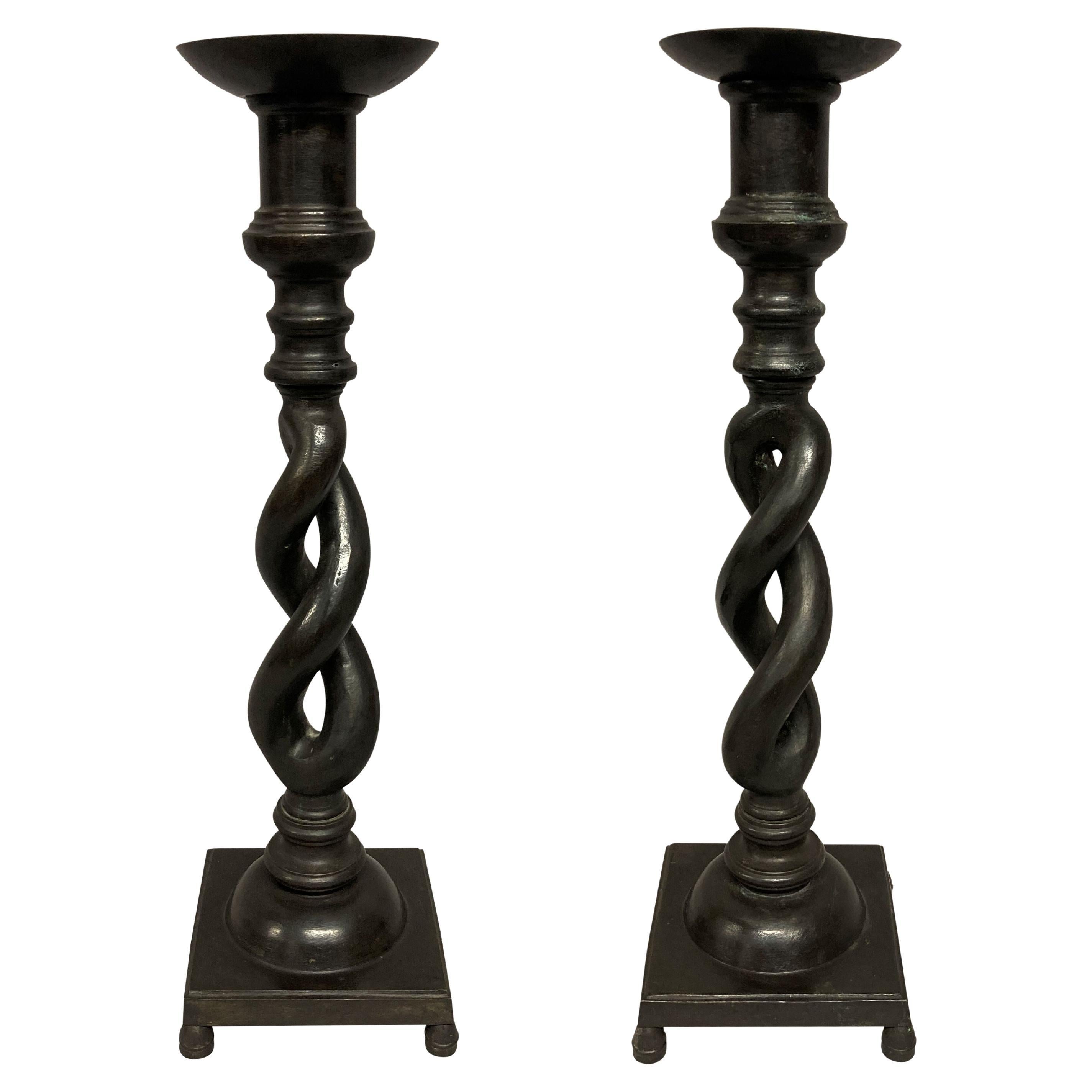 Unusual Pair of English Bronze Candlesticks For Sale
