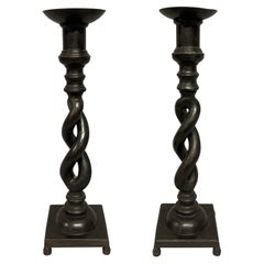 Unusual Pair of English Bronze Candlesticks