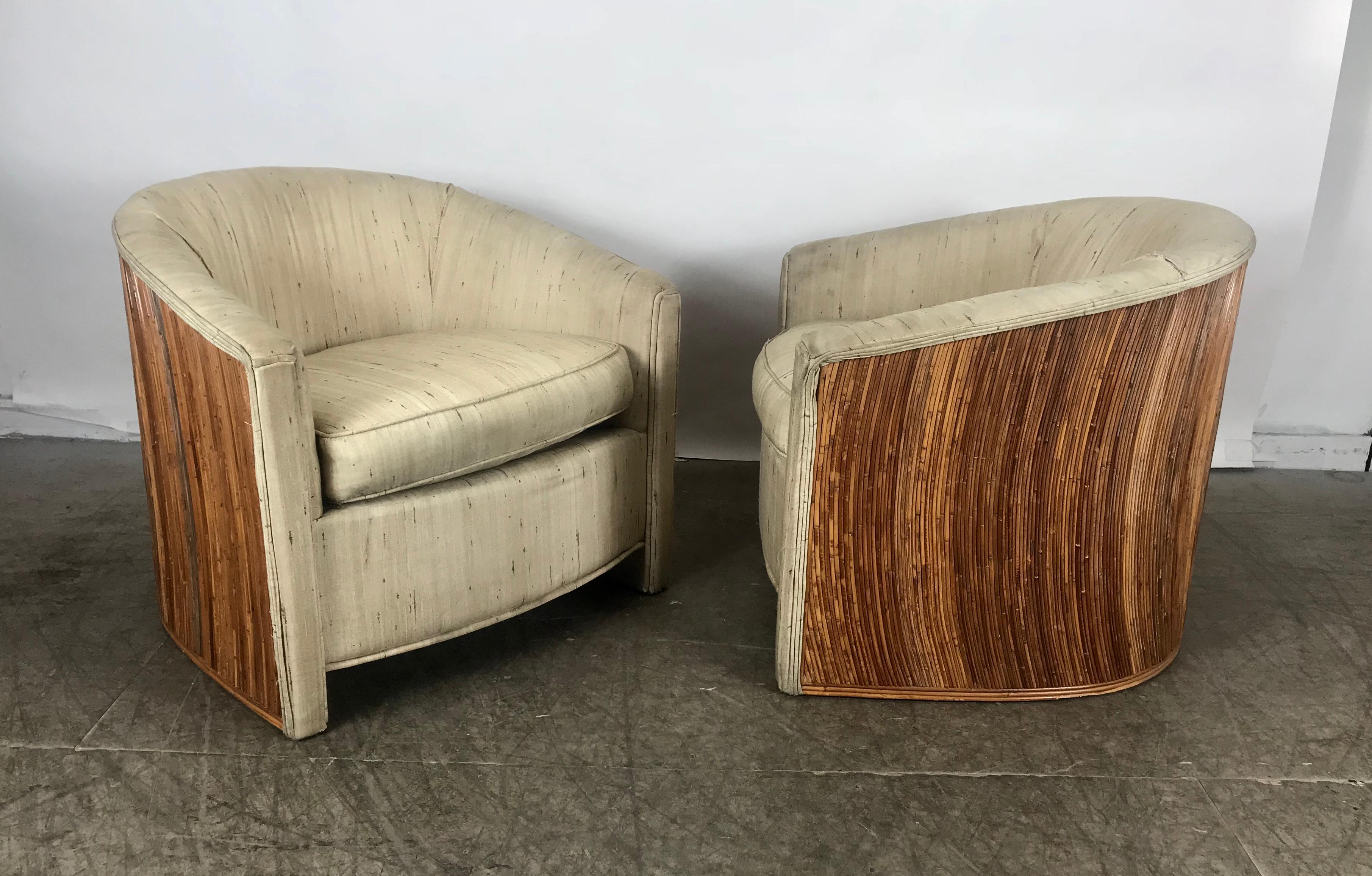 Unusual pair of figural bamboo chairs 1970s, Italy. Amazing style and design, extremely comfortable, retain original fabric upholstery in need of restoration, in-house upholstery avail. Inquire, hand delivery avail to New York City or anywhere en