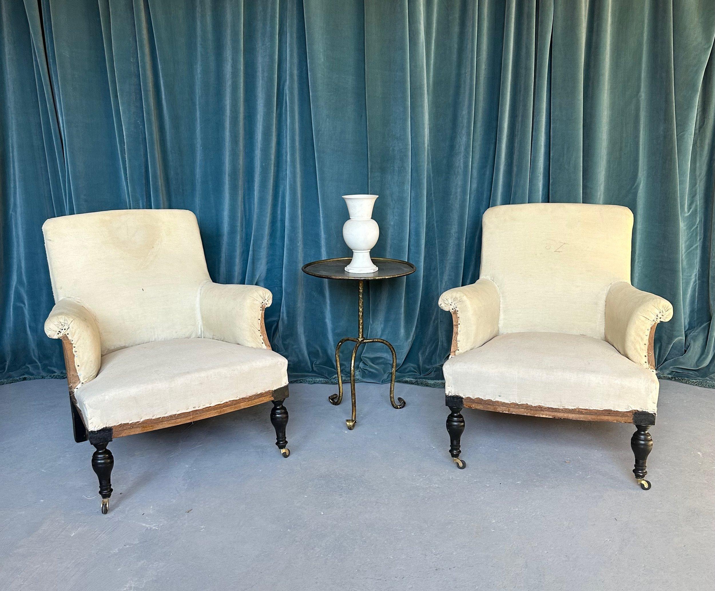 Napoleon III Unusual Pair of French 19th Century Armchairs in Muslin