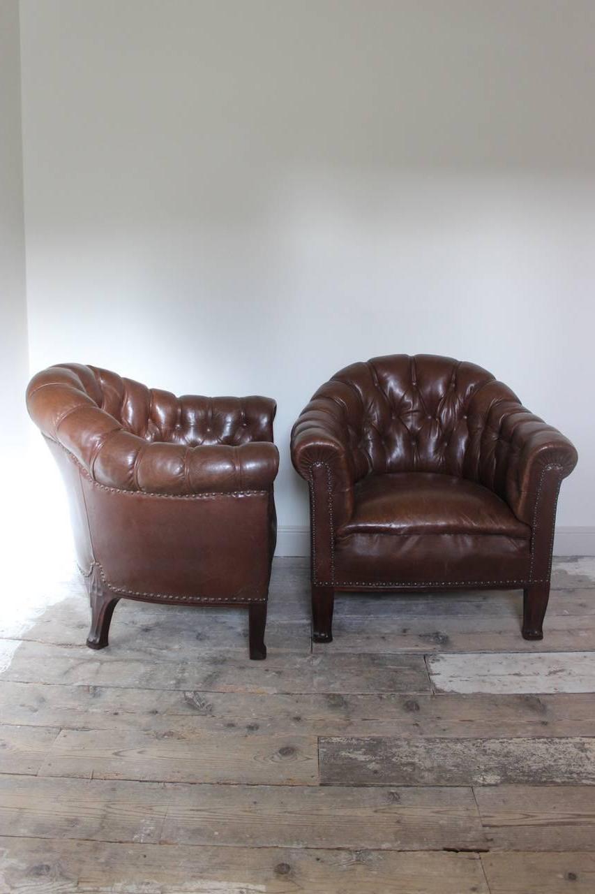 Art Nouveau Unusual Pair of French Buttoned Leather Armchairs