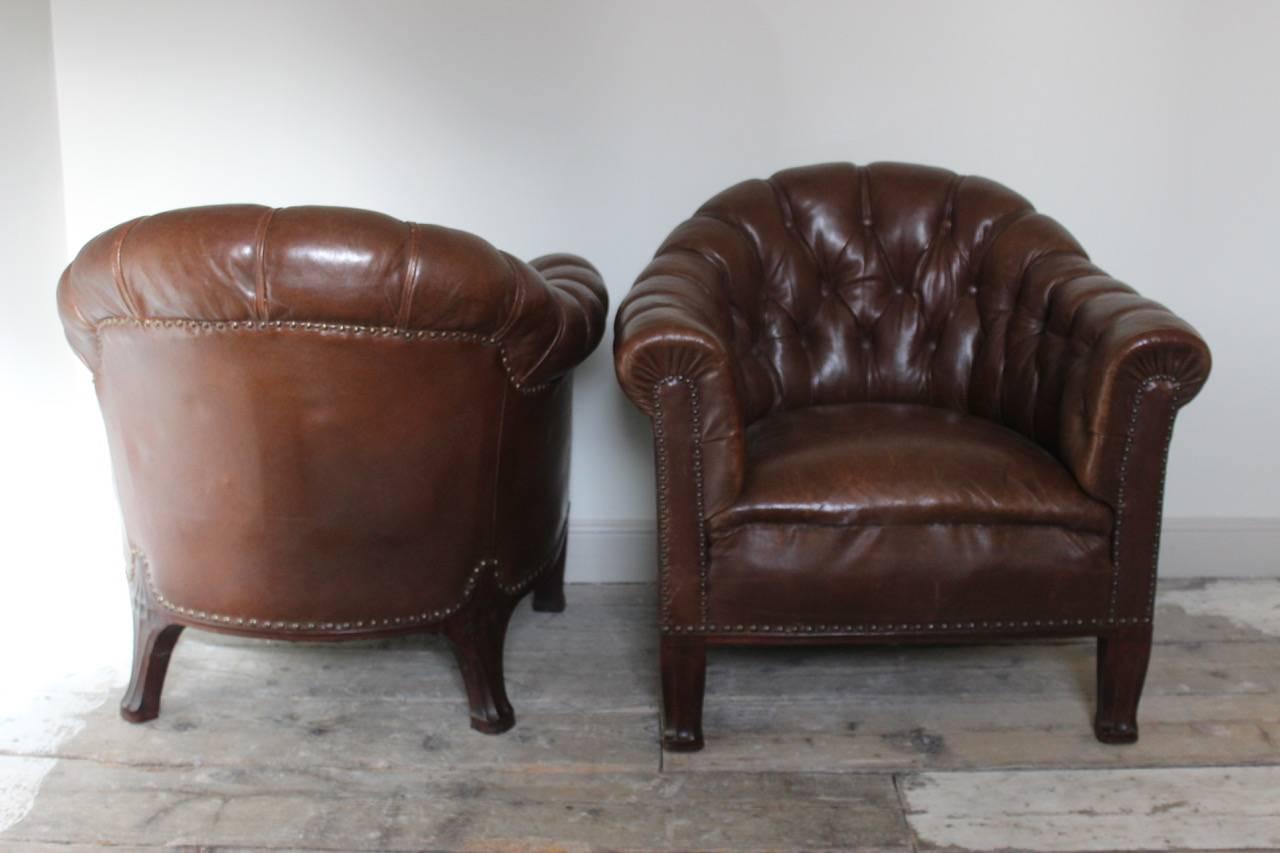 European Unusual Pair of French Buttoned Leather Armchairs
