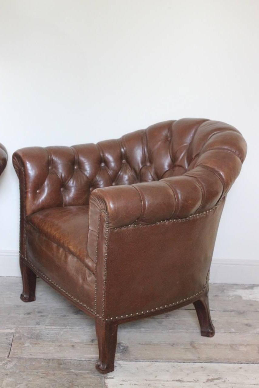 Unusual Pair of French Buttoned Leather Armchairs In Excellent Condition In Gloucestershire, GB