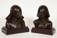 Unusual Pair of French Japonism Bronze Busts of Girls
