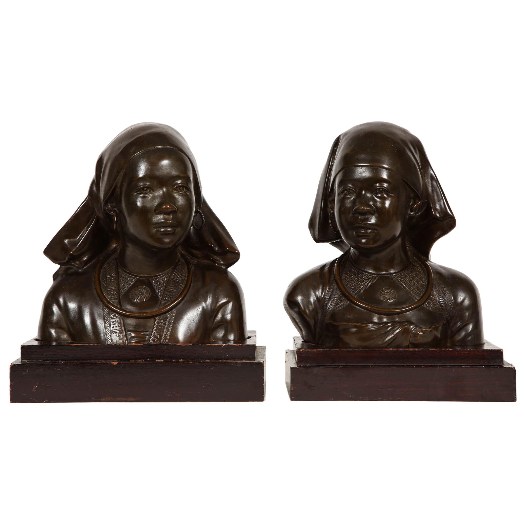 Unusual Pair of French Japonism Bronze Busts of Girls