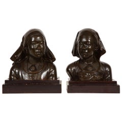 Unusual Pair of French Japonism Bronze Busts of Girls