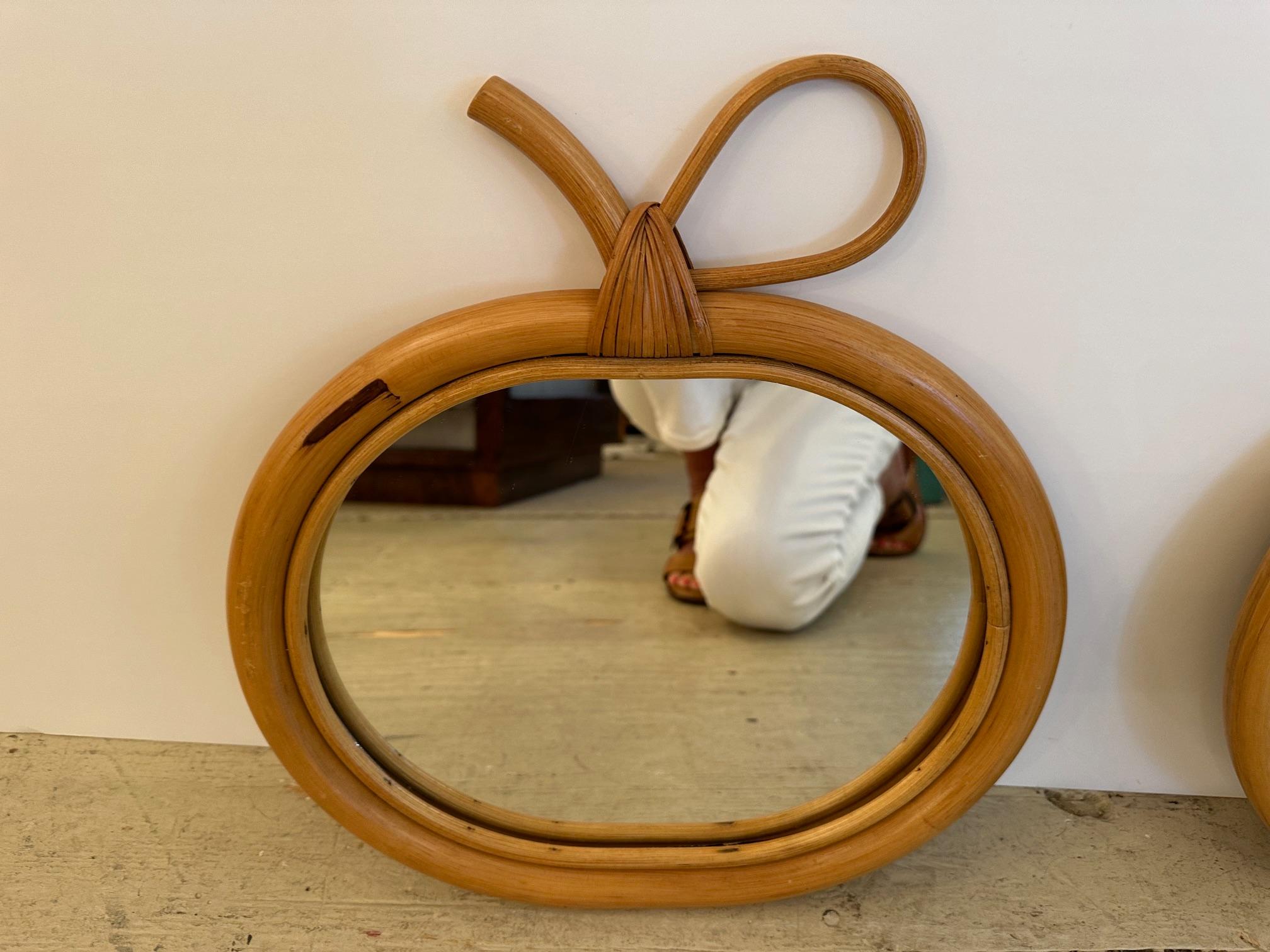 Organic Modern Unusual Pair of French Rattan & Wicker Apple Form Mirrors For Sale