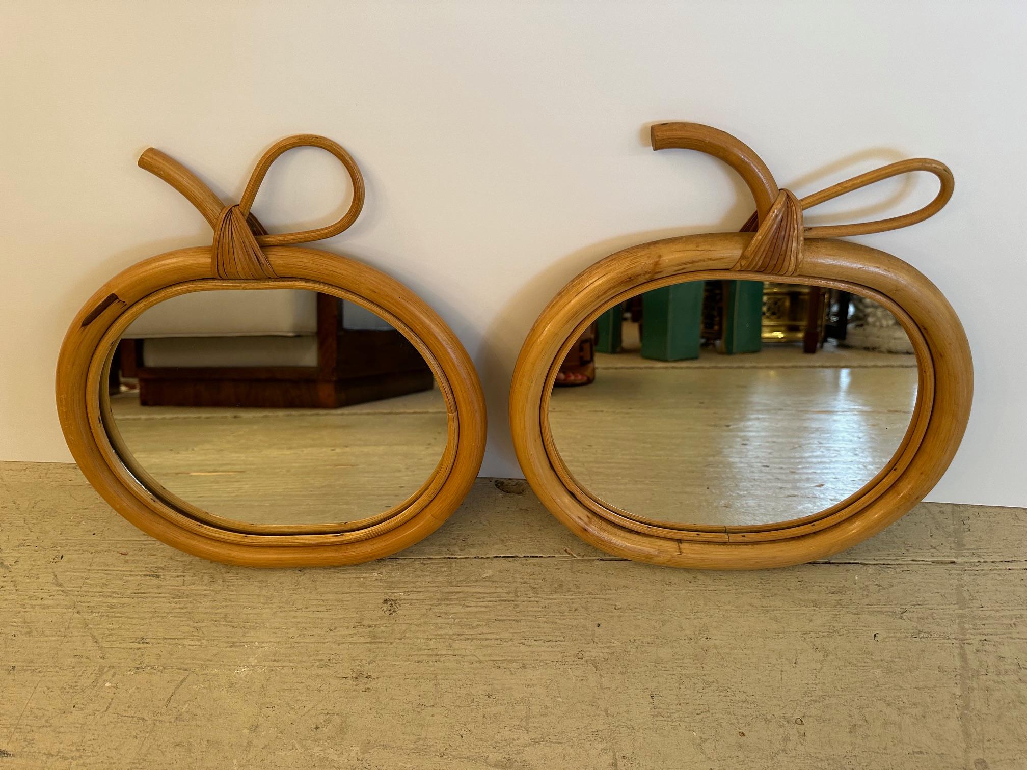 Unusual Pair of French Rattan & Wicker Apple Form Mirrors For Sale 2