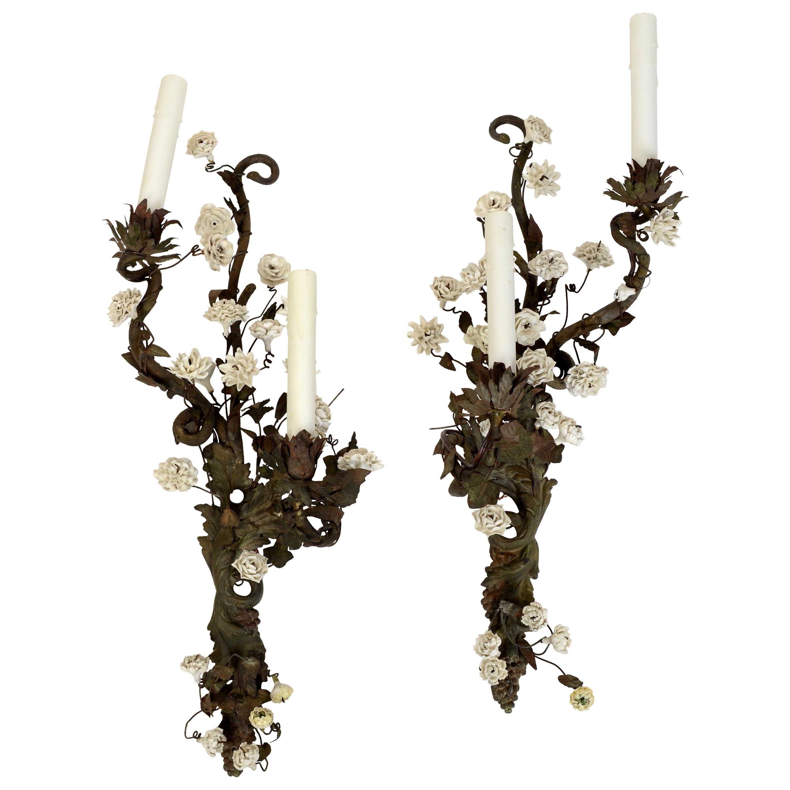 Unusual Pair of French Tole and Iron Sconces with White Porcelain Flowers