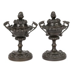 Unusual Pair of Georgian Patinated Bronze Lidded Pot Pourri Vases