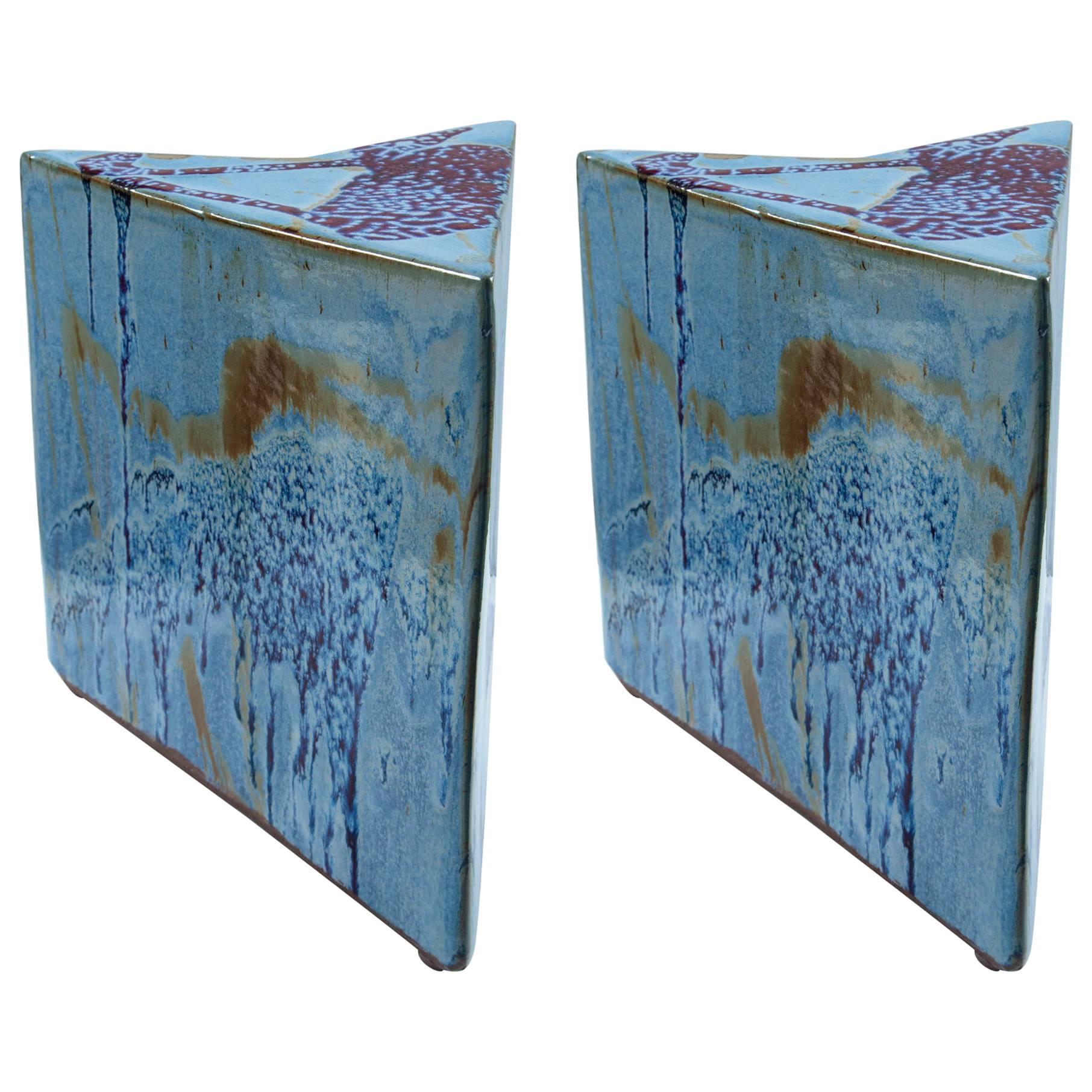 Unusual Pair of Glazed Ceramic Low Tables For Sale