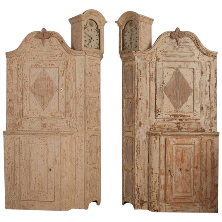 Unusual Pair of Gustavian Corner Clock Cabinets, Origin Mora, Sweden, Circa 1780