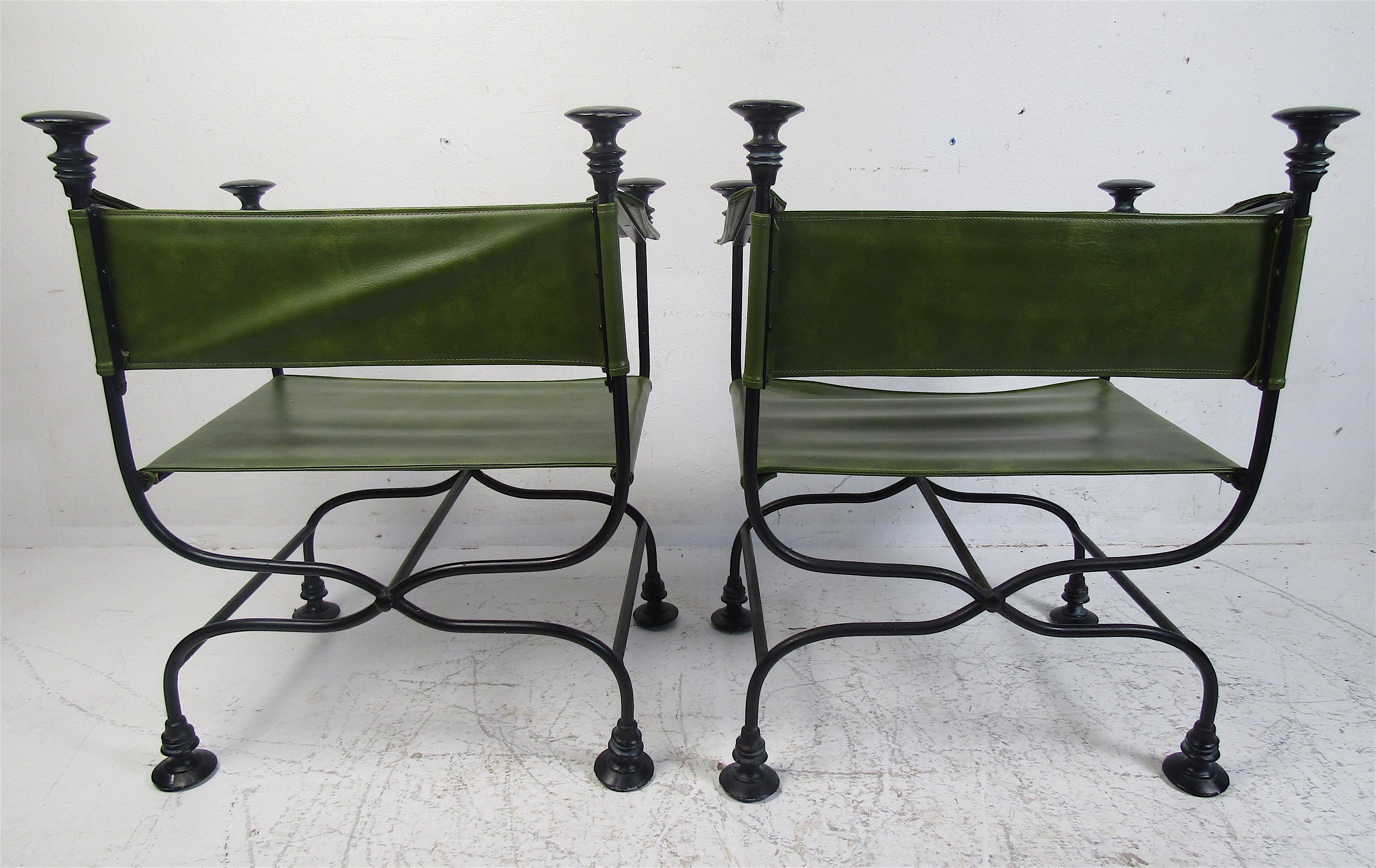Faux Leather Pair of Vintage Cast Iron Italian Savonrola Chairs