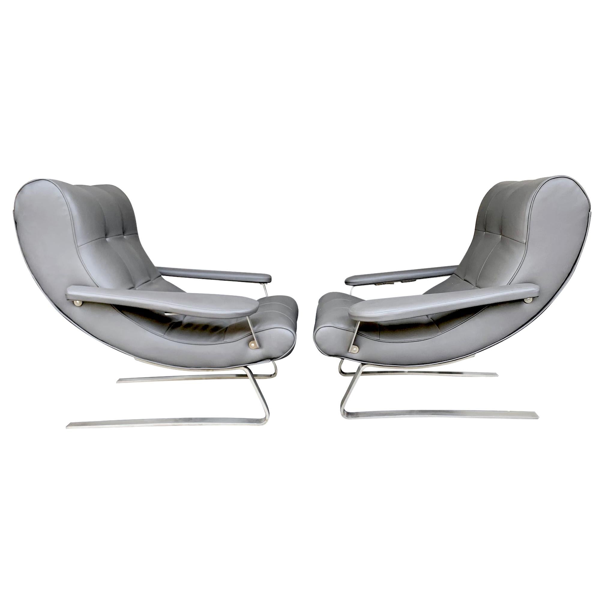 Unusual Pair of Italian 1970s Cantilevered Armchairs with Brushed Metal Legs
