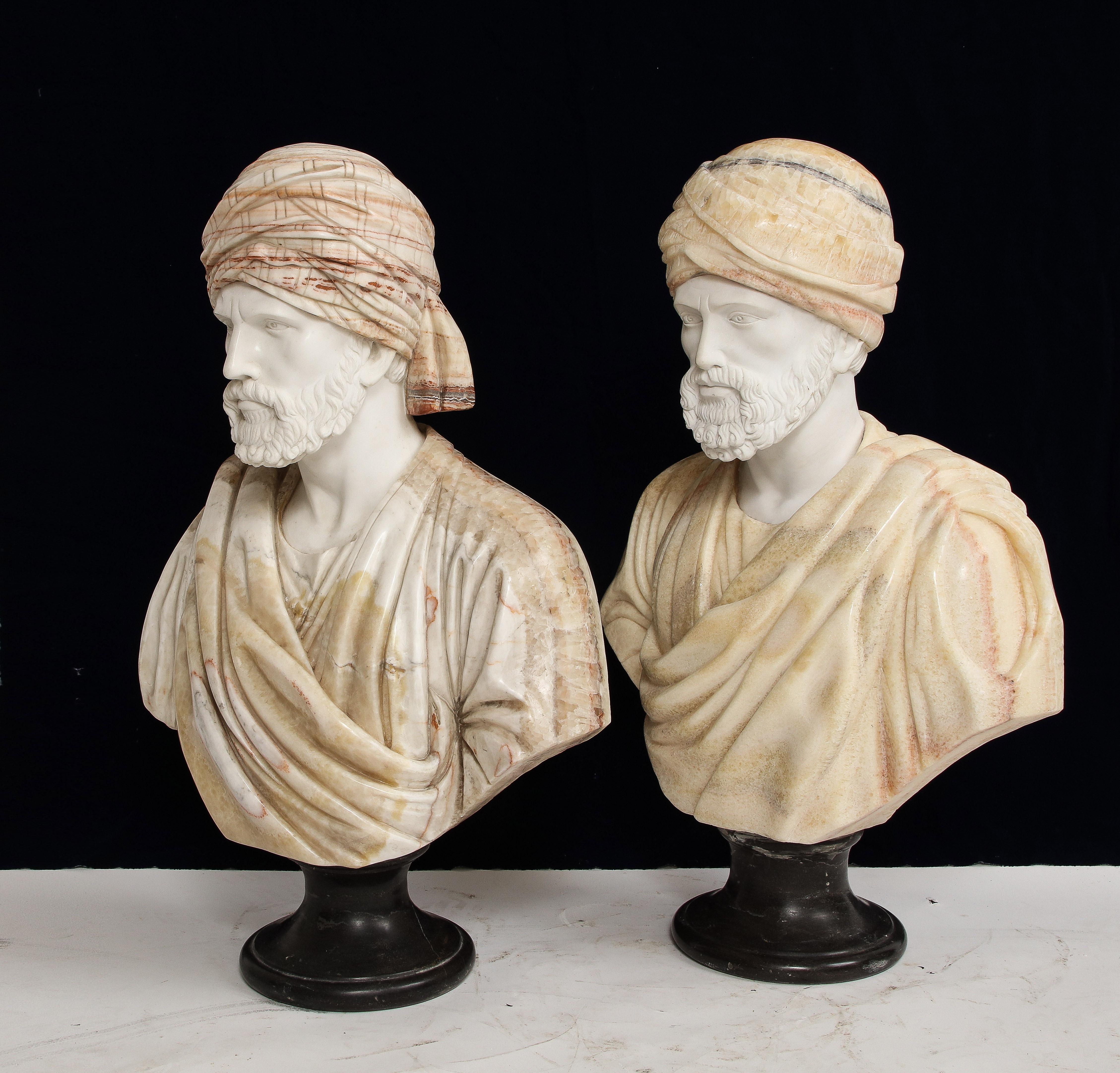 Moorish Unusual Pair of Italian Hand-Carved Marble & Onyx Orientalist Busts 
