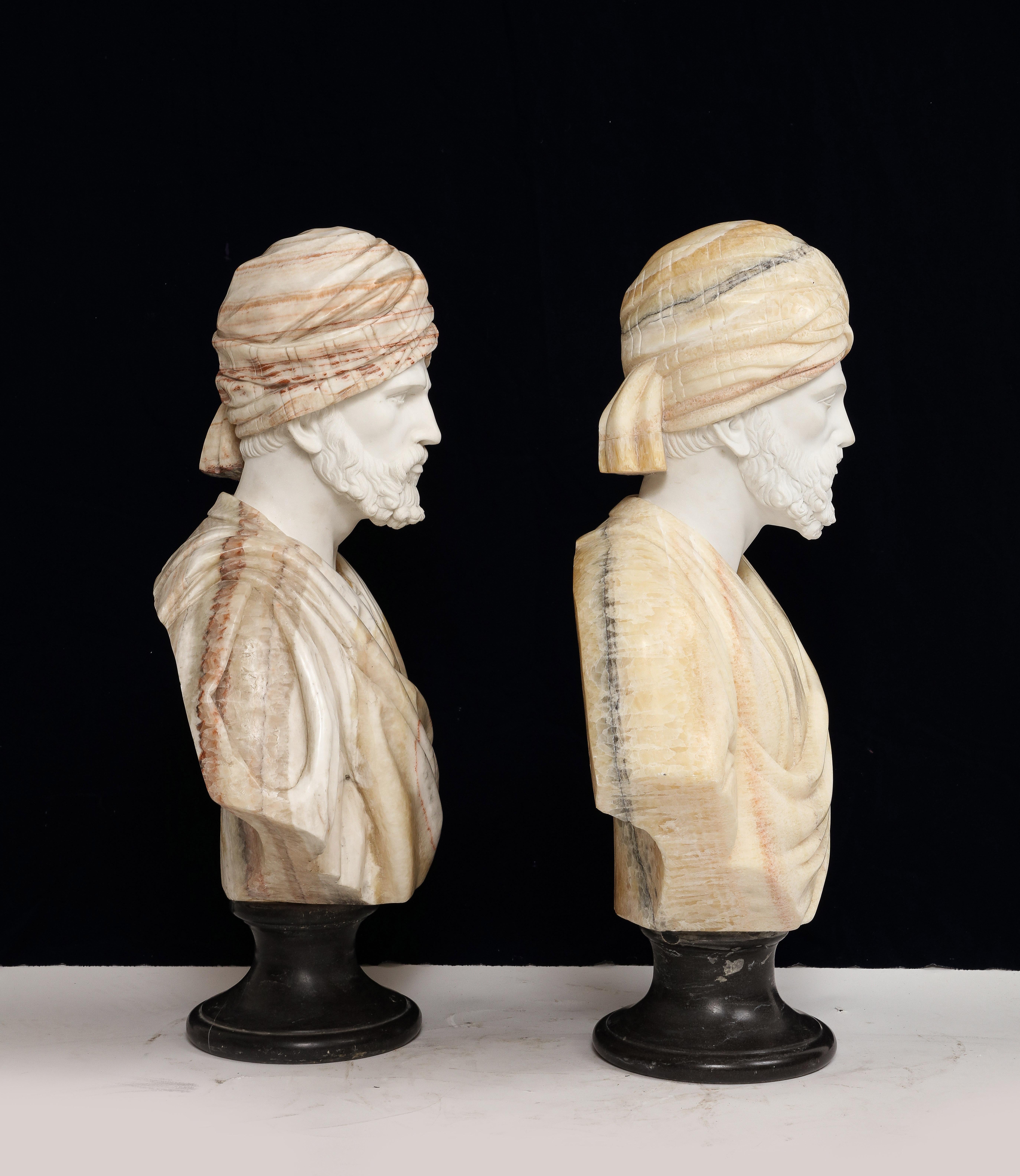 Unusual Pair of Italian Hand-Carved Marble & Onyx Orientalist Busts  In Excellent Condition In New York, NY
