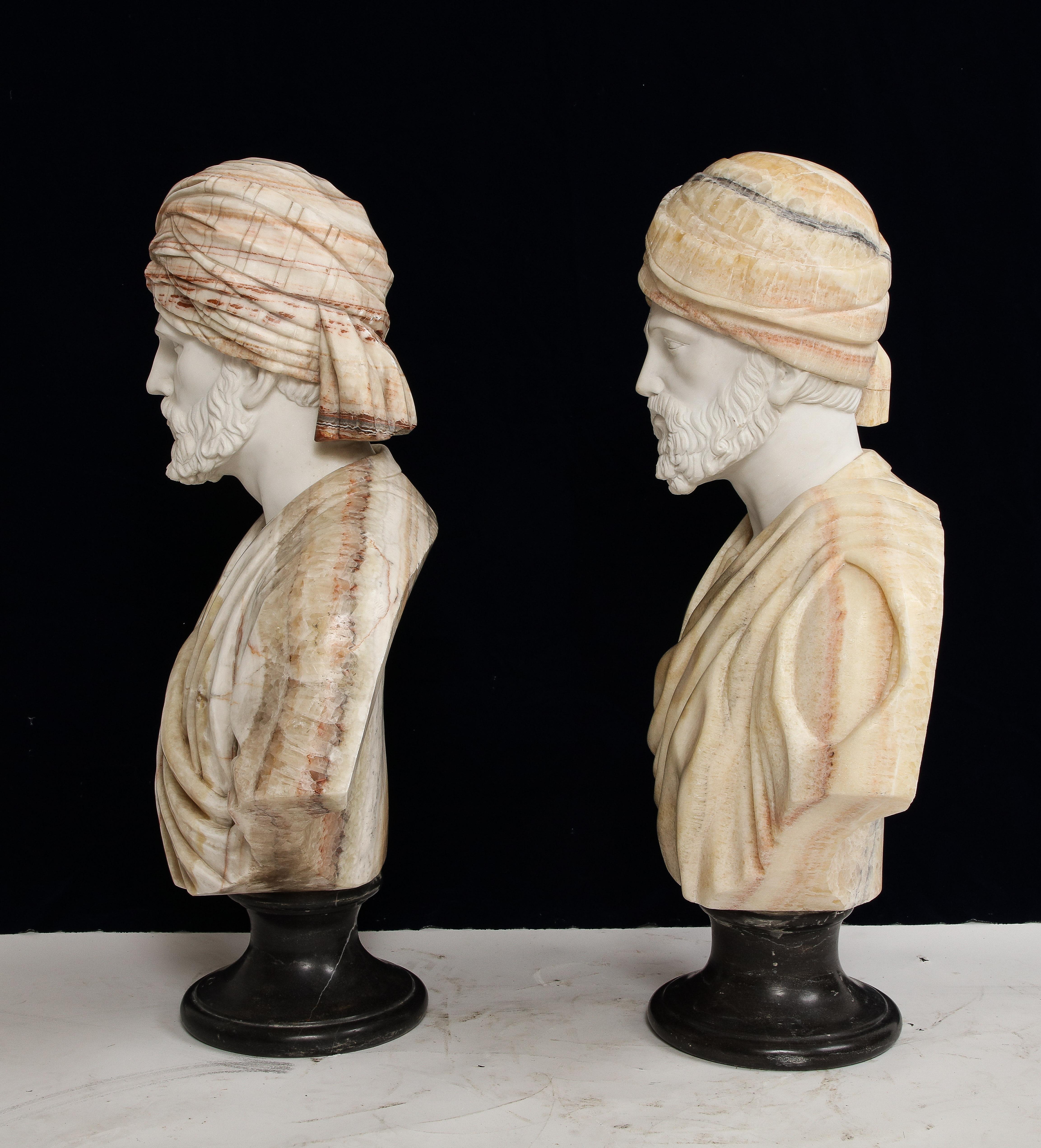 20th Century Unusual Pair of Italian Hand-Carved Marble & Onyx Orientalist Busts 