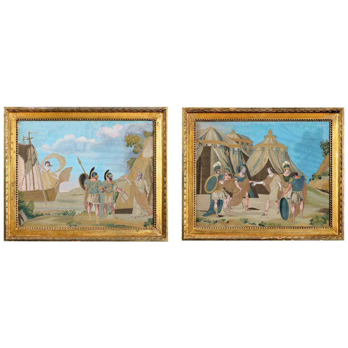 Paire inhabituelle de tableaux italiens en broderie de soie et papier peint à la gouache en vente