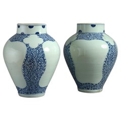 Unusual Pair of Japanese Arita Blue & White Vases
