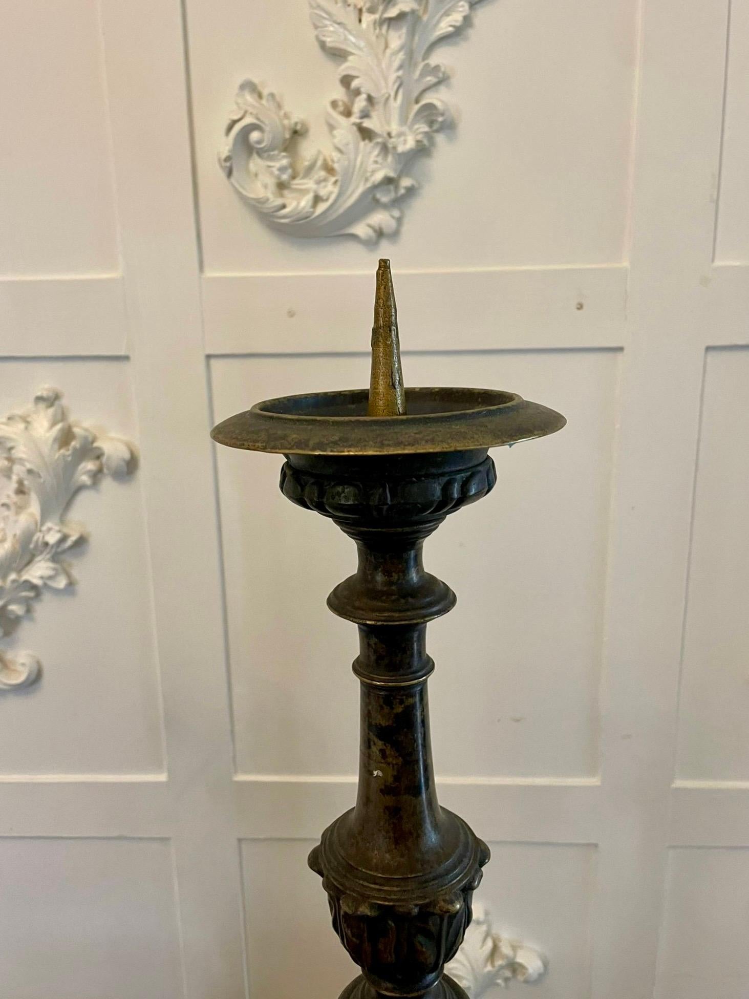 English Unusual Pair of Large Antique Victorian Ornate Brass Pricket Candlesticks For Sale