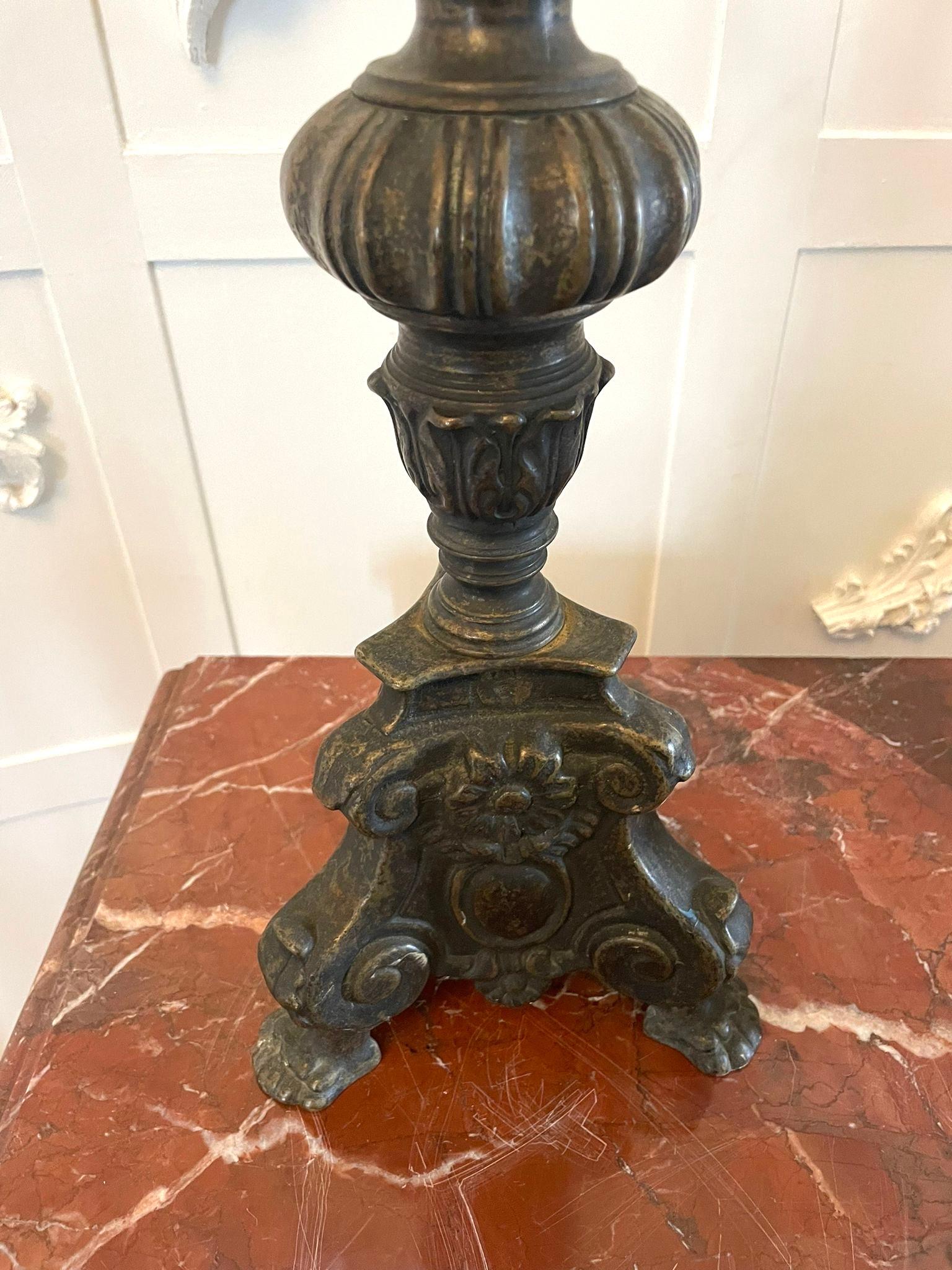 Unusual Pair of Large Antique Victorian Ornate Brass Pricket Candlesticks For Sale 1