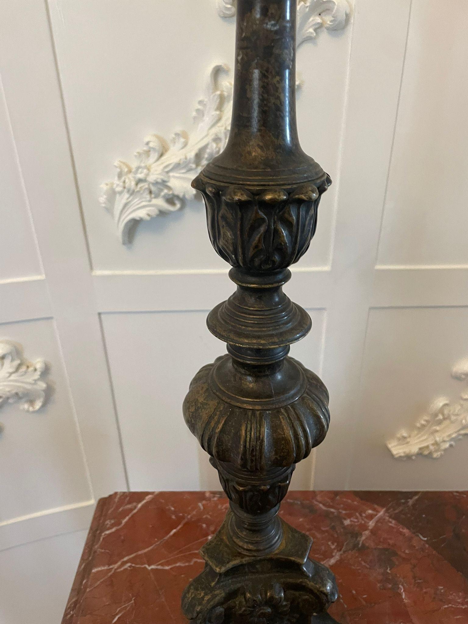 Unusual Pair of Large Antique Victorian Ornate Brass Pricket Candlesticks For Sale 2