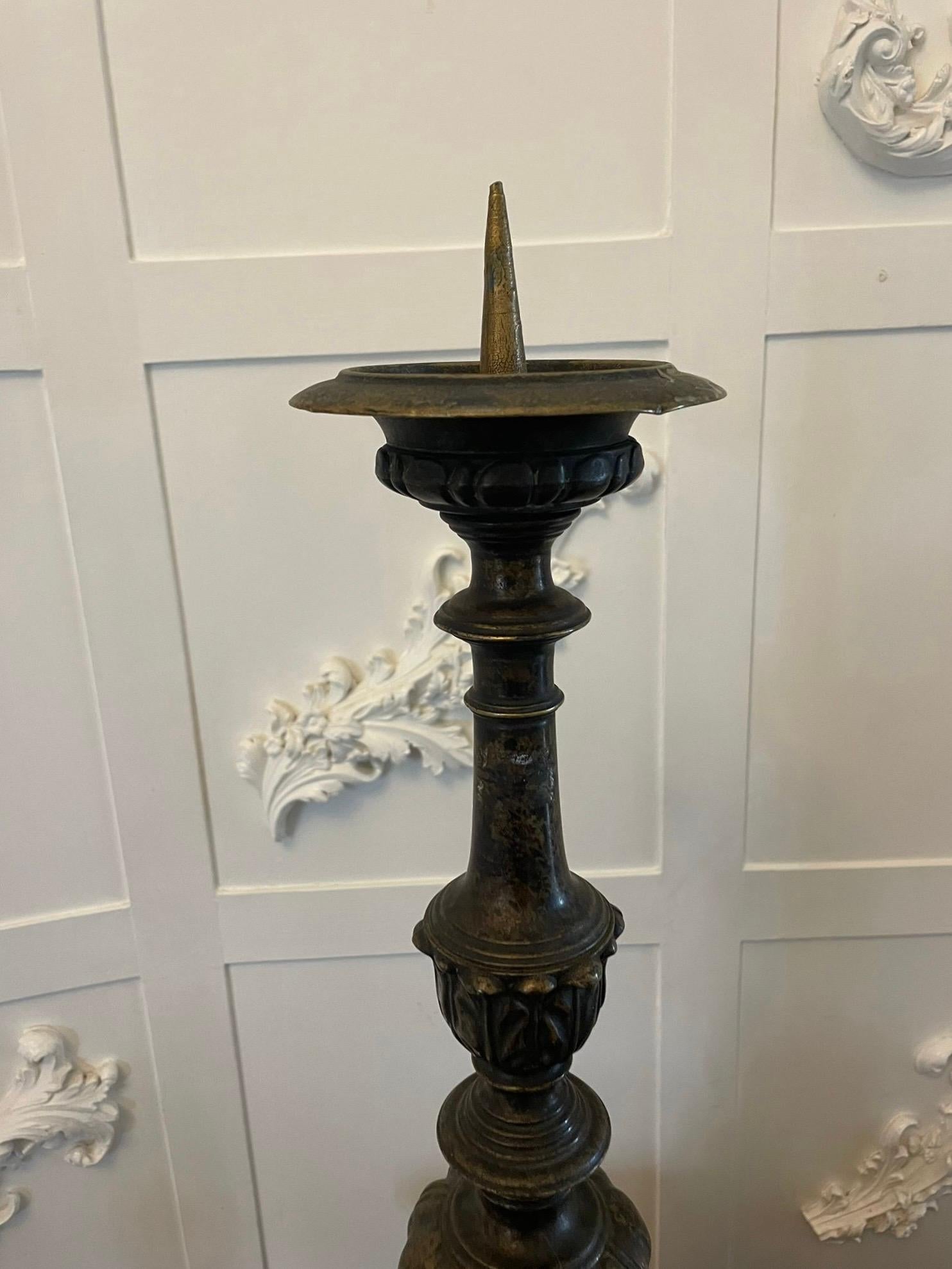 Unusual Pair of Large Antique Victorian Ornate Brass Pricket Candlesticks For Sale 3