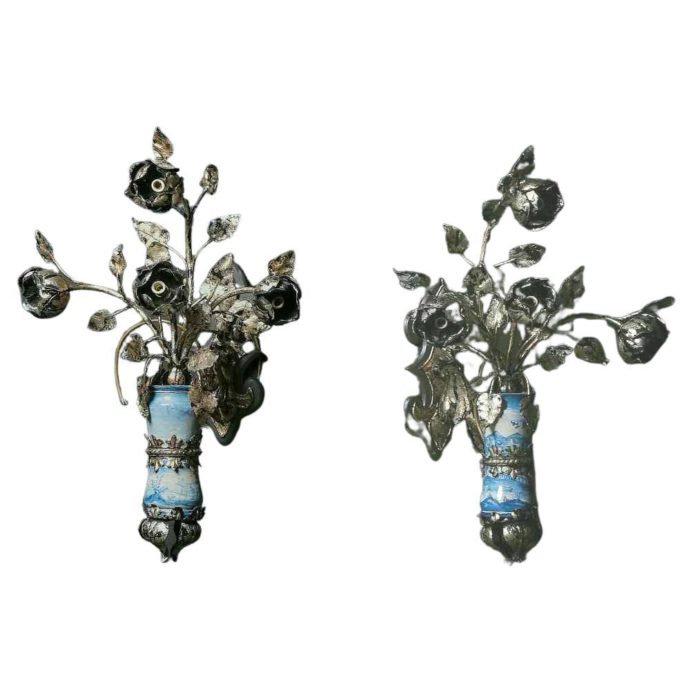 Unusual Pair of Large Sconces 'Early 20th' with Albarelli '18th', Italy