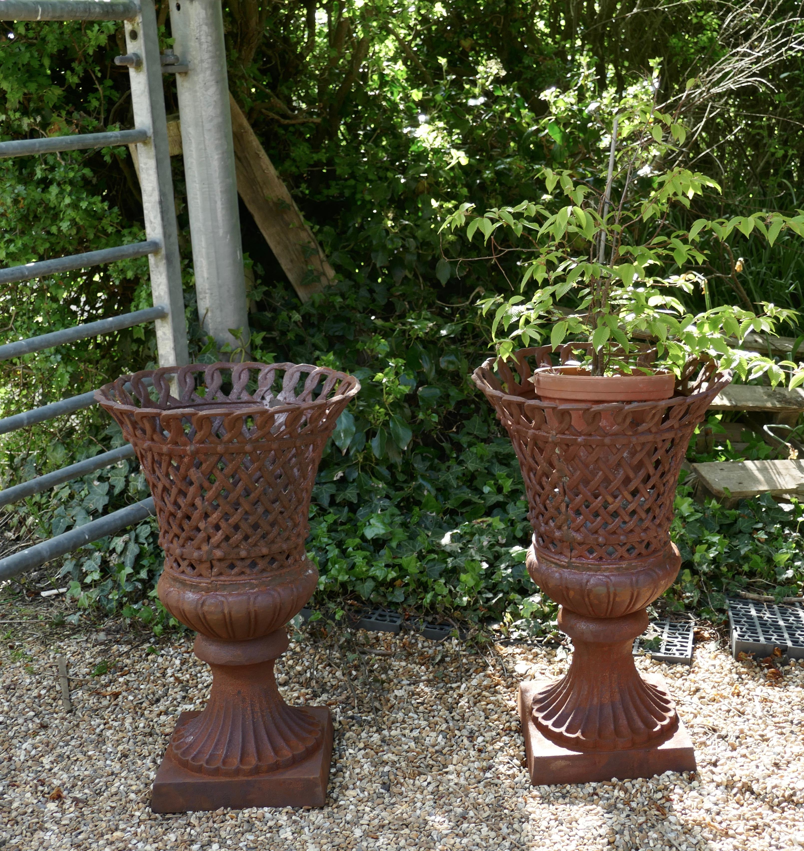 Bohemian  Unusual Pair of Lattice Work Cast Iron Garden Urns