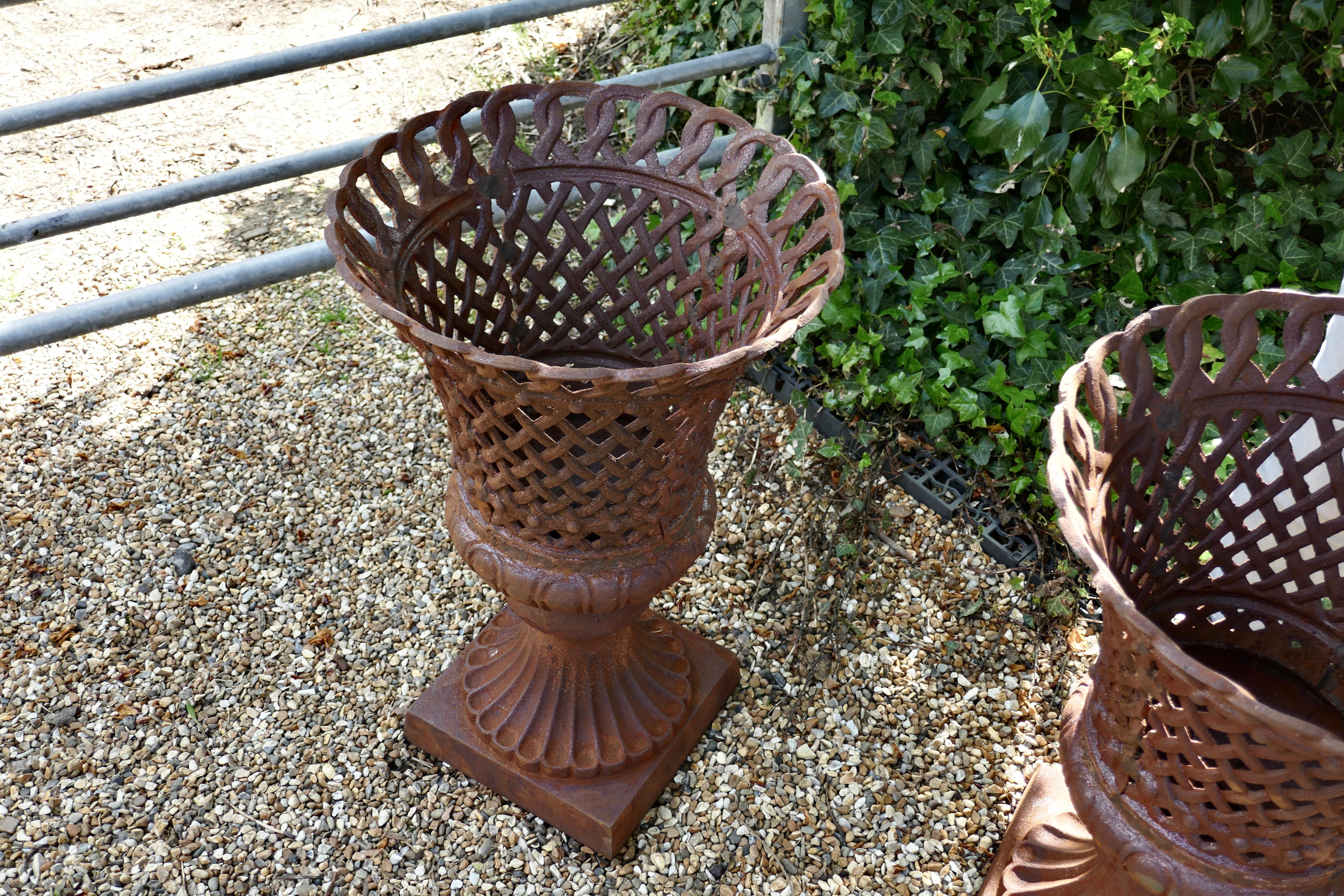  Unusual Pair of Lattice Work Cast Iron Garden Urns In Good Condition In Chillerton, Isle of Wight