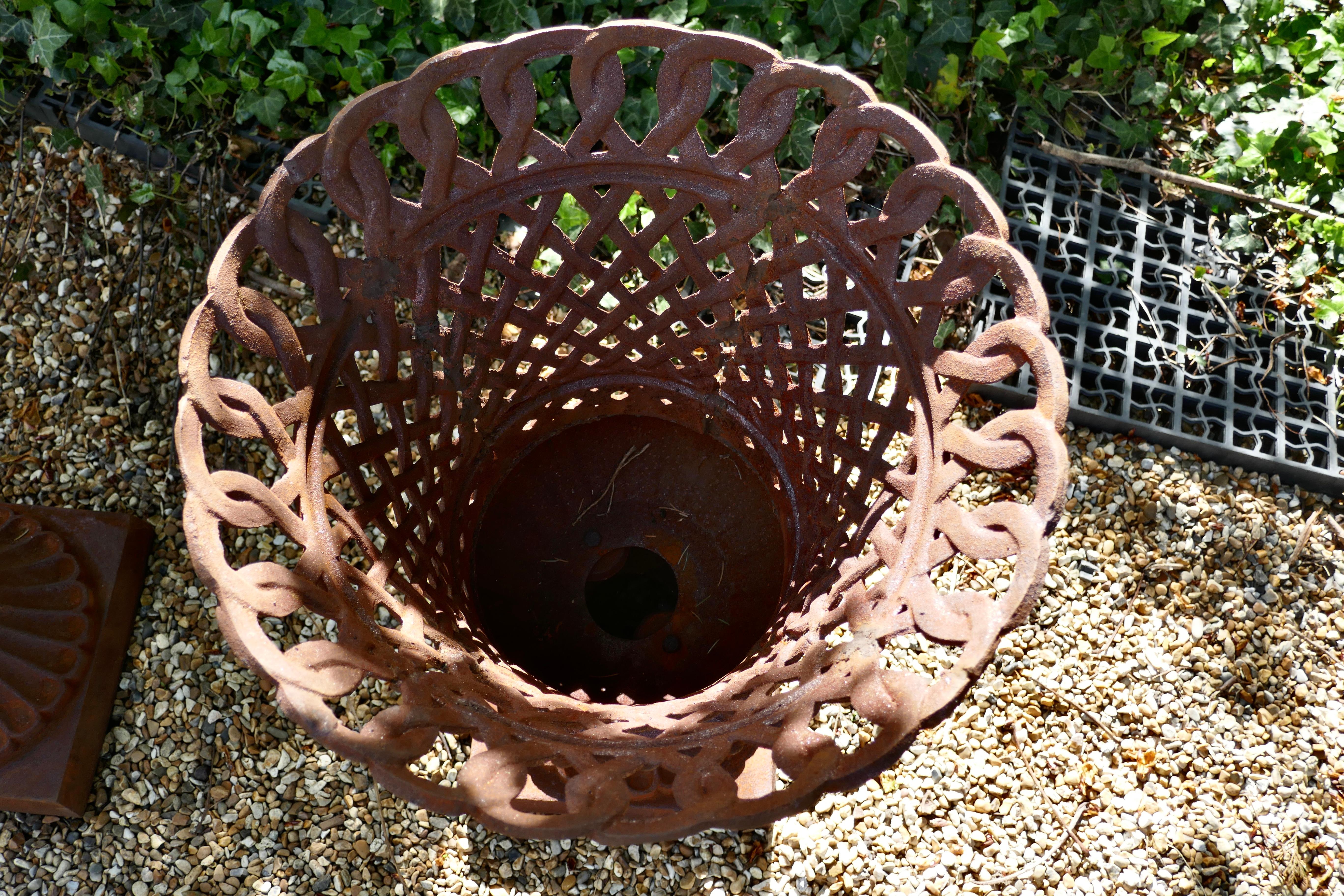 20th Century  Unusual Pair of Lattice Work Cast Iron Garden Urns