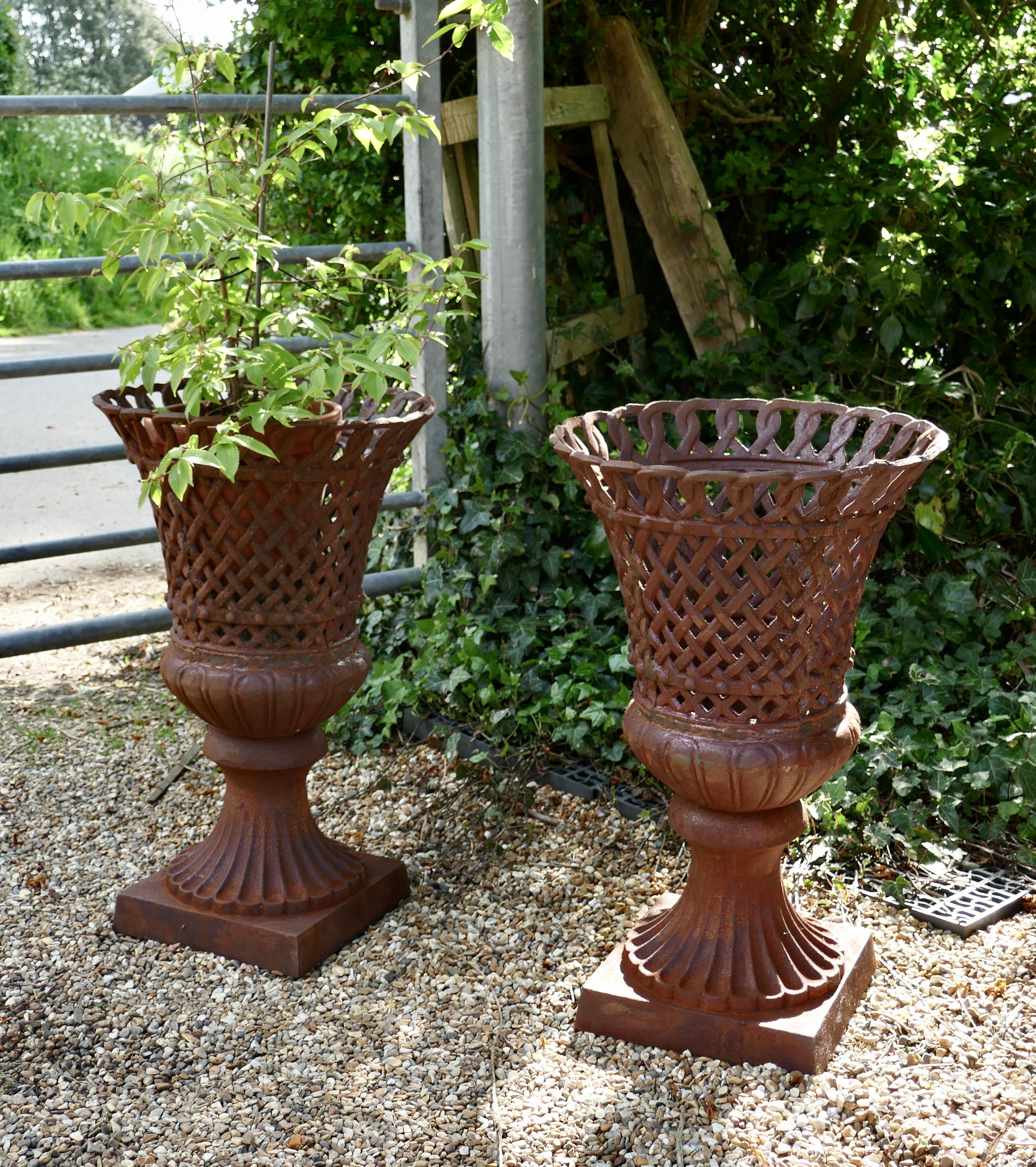  Unusual Pair of Lattice Work Cast Iron Garden Urns 2